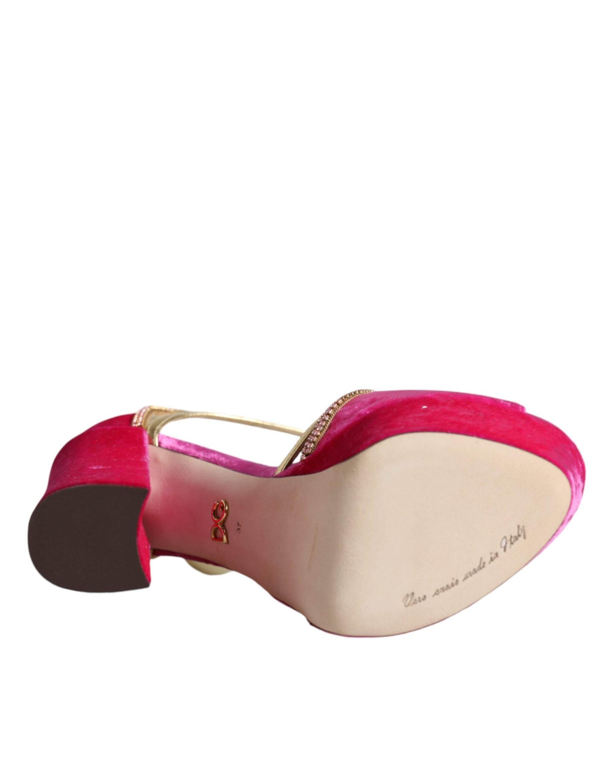 Dolce & Gabbana Pink Velvet Platform Ankle Strap Heel Sandals Shoes - Hilstor