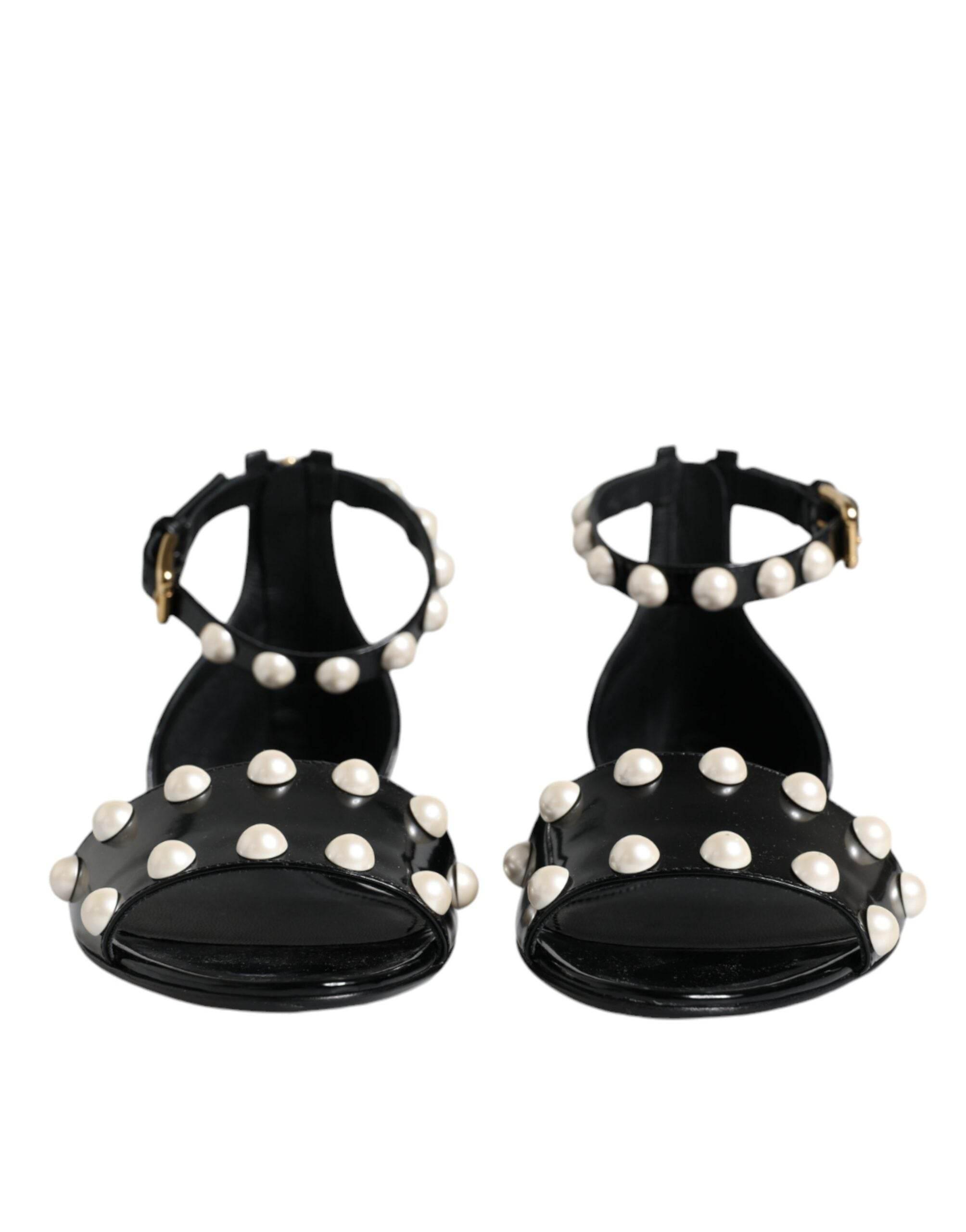 Dolce & Gabbana Black Leather Pearls Ankle Strap Sandals Shoes - Hilstor