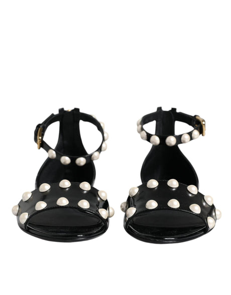 Dolce & Gabbana Black Leather Pearls Ankle Strap Sandals Shoes - Hilstor