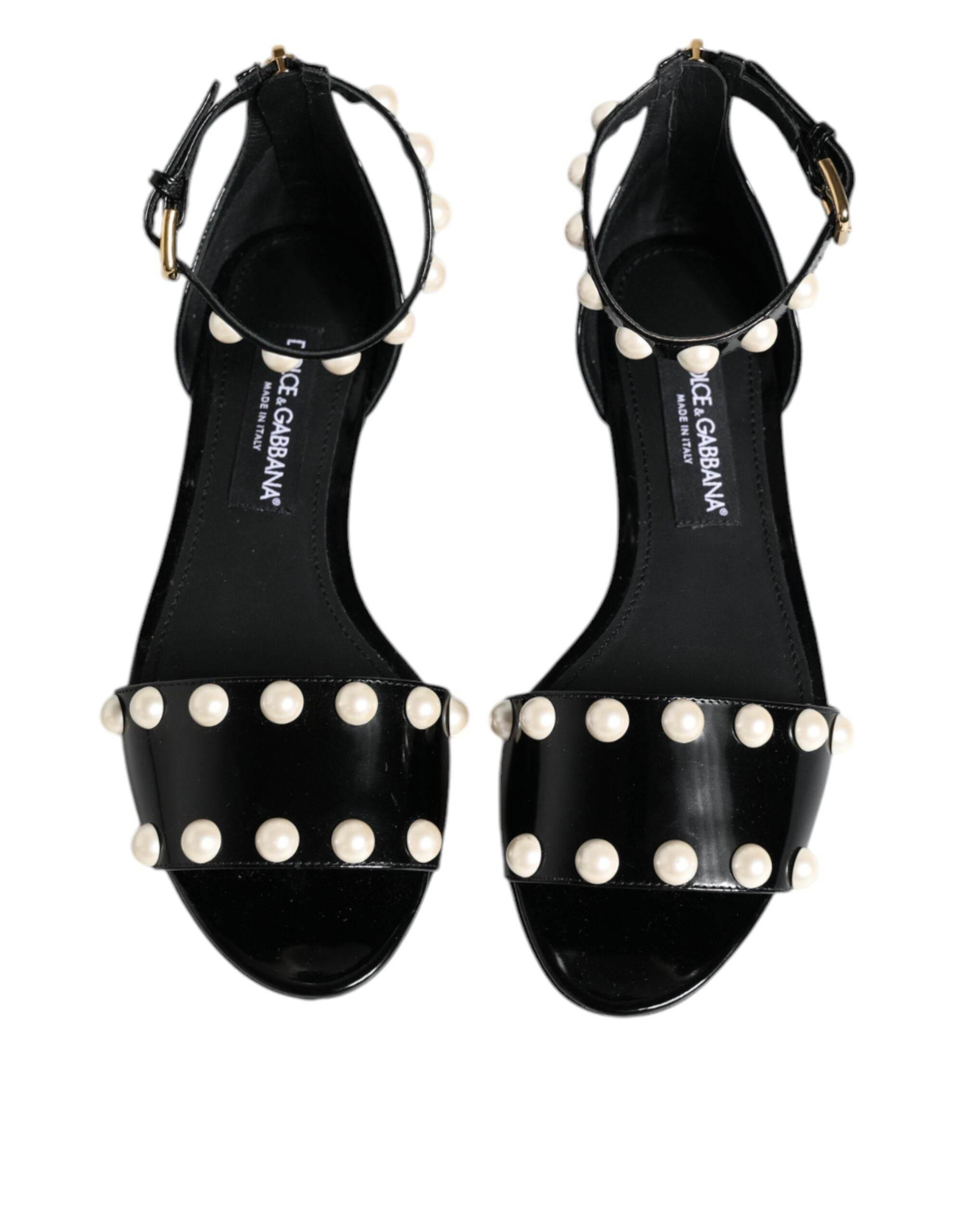 Dolce & Gabbana Black Leather Pearls Ankle Strap Sandals Shoes - Hilstor
