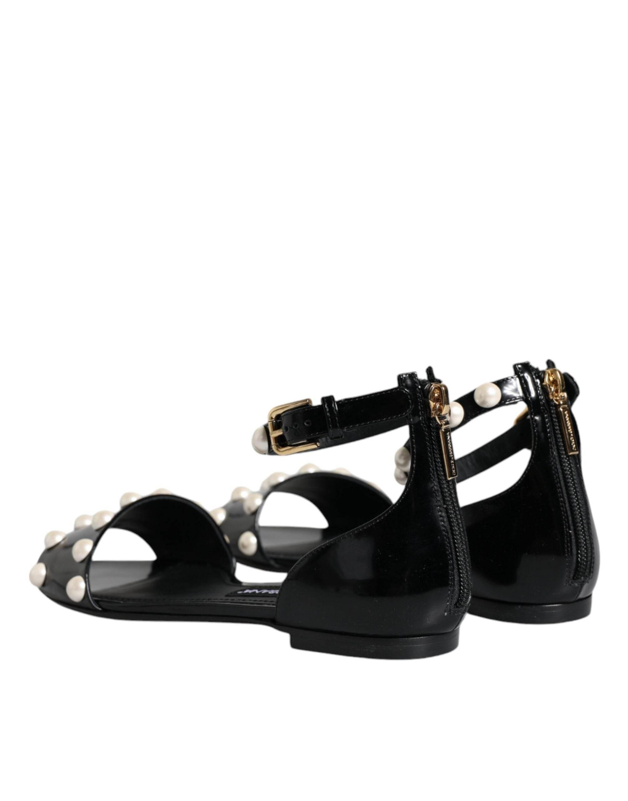 Dolce & Gabbana Black Leather Pearls Ankle Strap Sandals Shoes - Hilstor