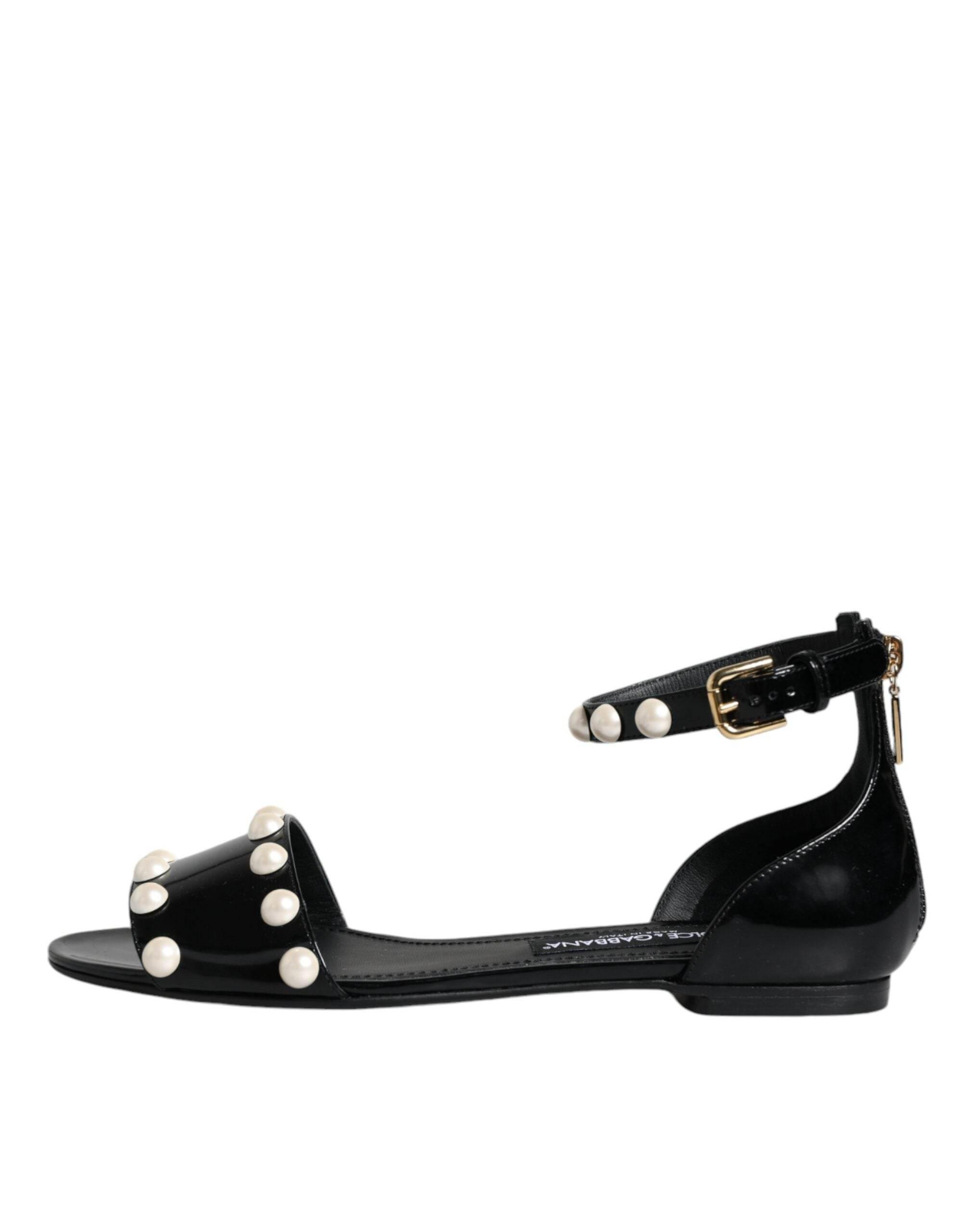 Dolce & Gabbana Black Leather Pearls Ankle Strap Sandals Shoes - Hilstor