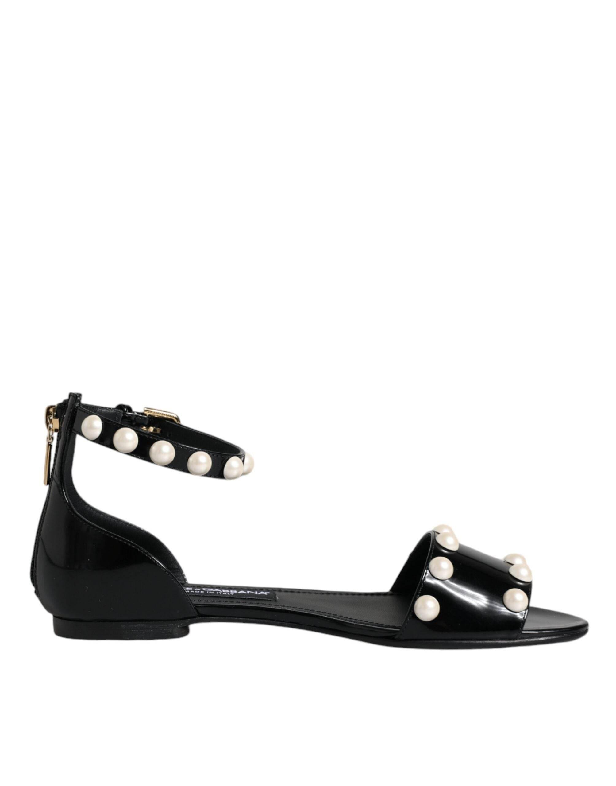 Dolce & Gabbana Black Leather Pearls Ankle Strap Sandals Shoes - Hilstor
