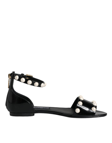 Dolce & Gabbana Black Leather Pearls Ankle Strap Sandals Shoes - Hilstor