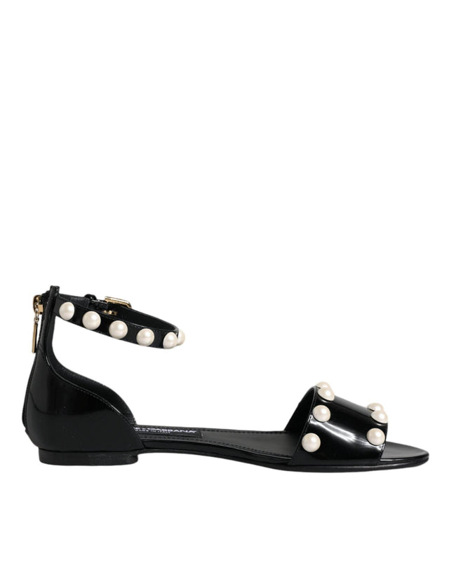 Dolce & Gabbana Black Leather Pearls Ankle Strap Sandals Shoes - Hilstor