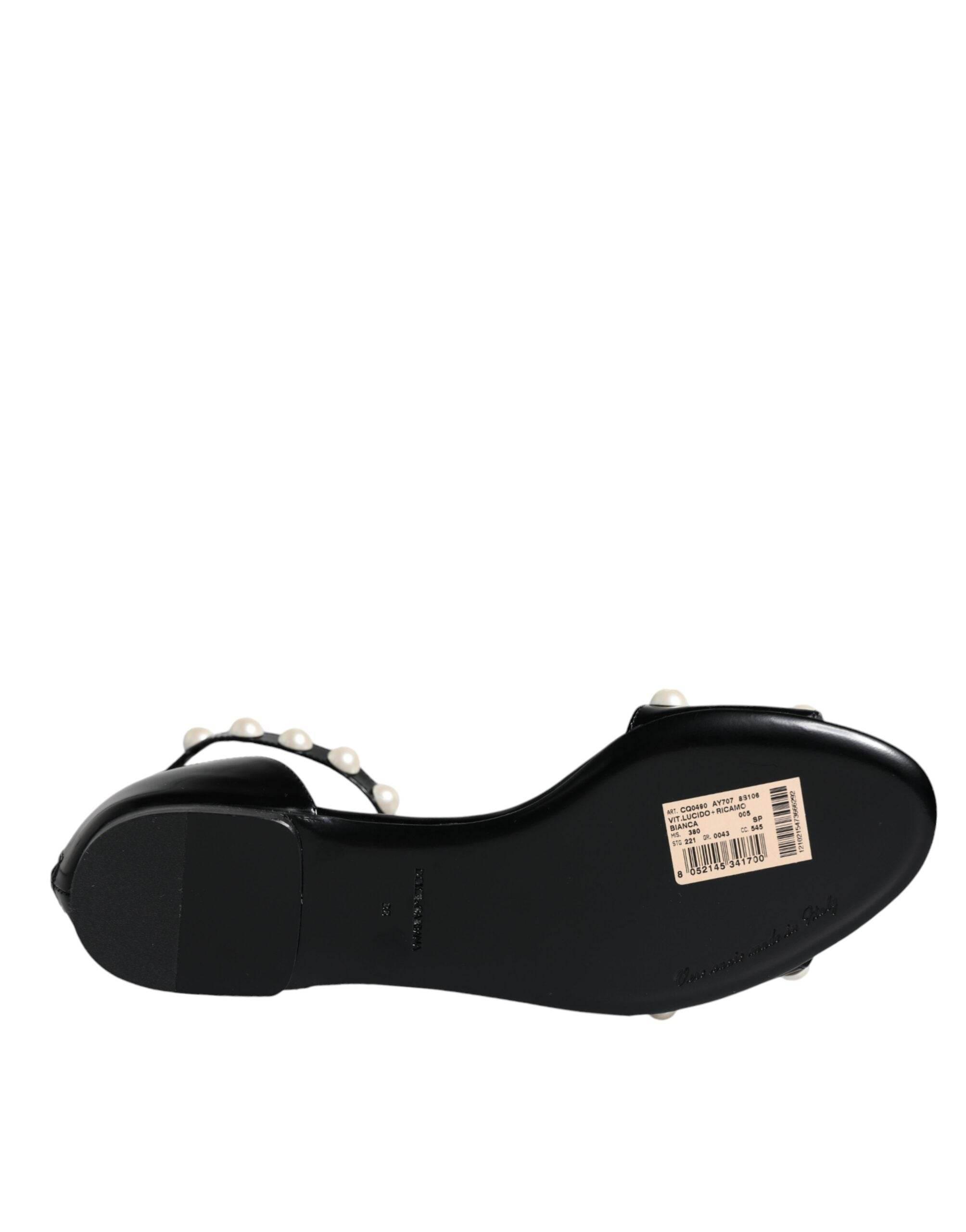 Dolce & Gabbana Black Leather Pearls Ankle Strap Sandals Shoes - Hilstor