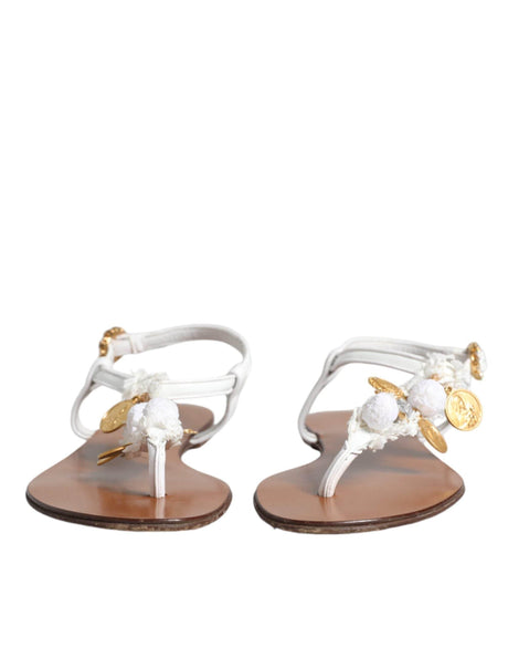 Dolce & Gabbana White Leather Coins Flip Flops Sandals Shoes - Hilstor
