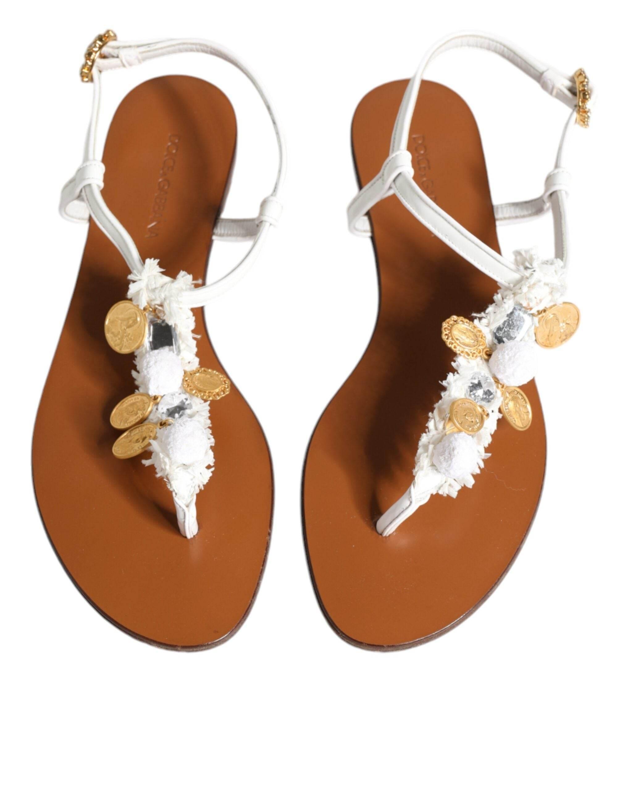 Dolce & Gabbana White Leather Coins Flip Flops Sandals Shoes - Hilstor