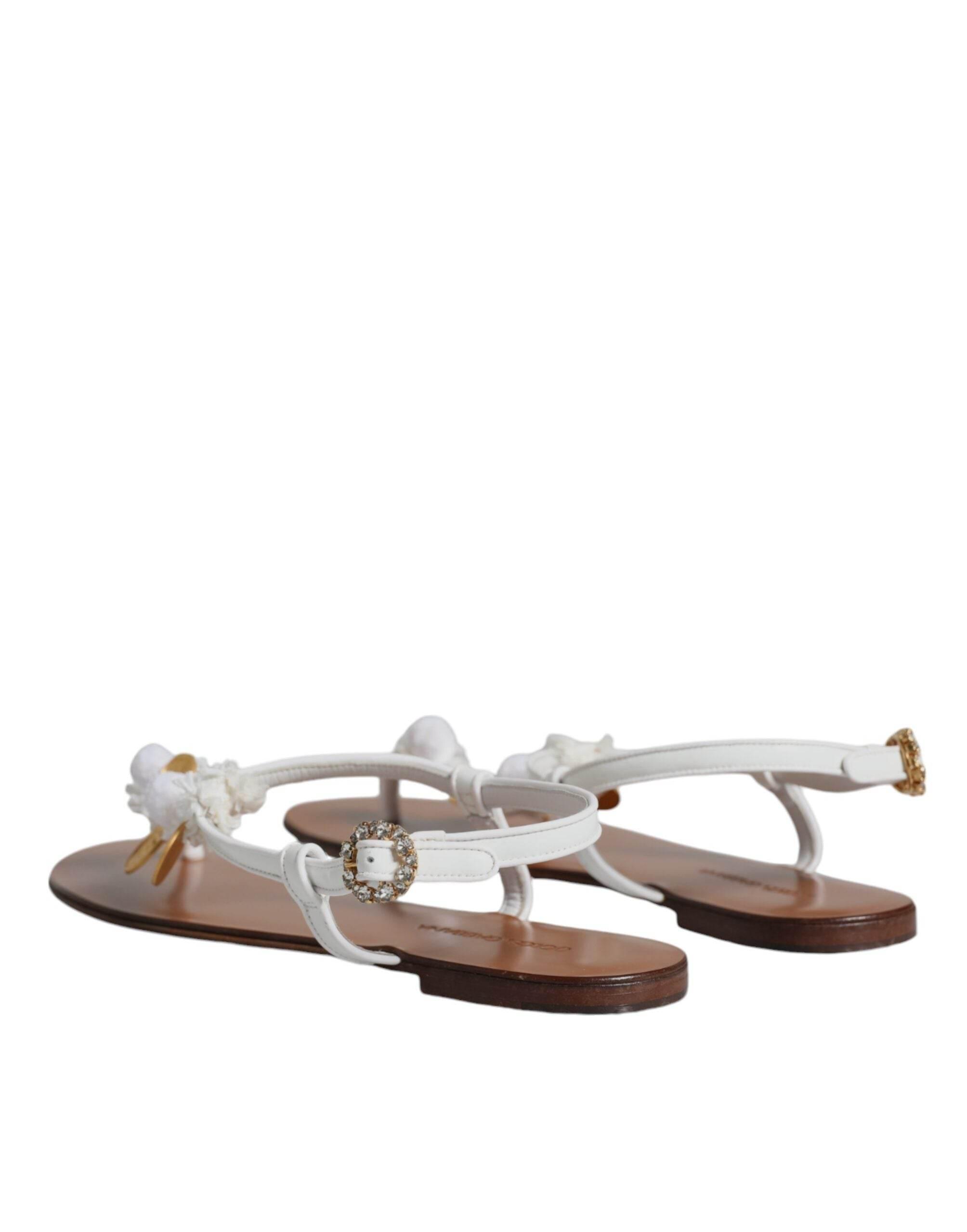 Dolce & Gabbana White Leather Coins Flip Flops Sandals Shoes - Hilstor