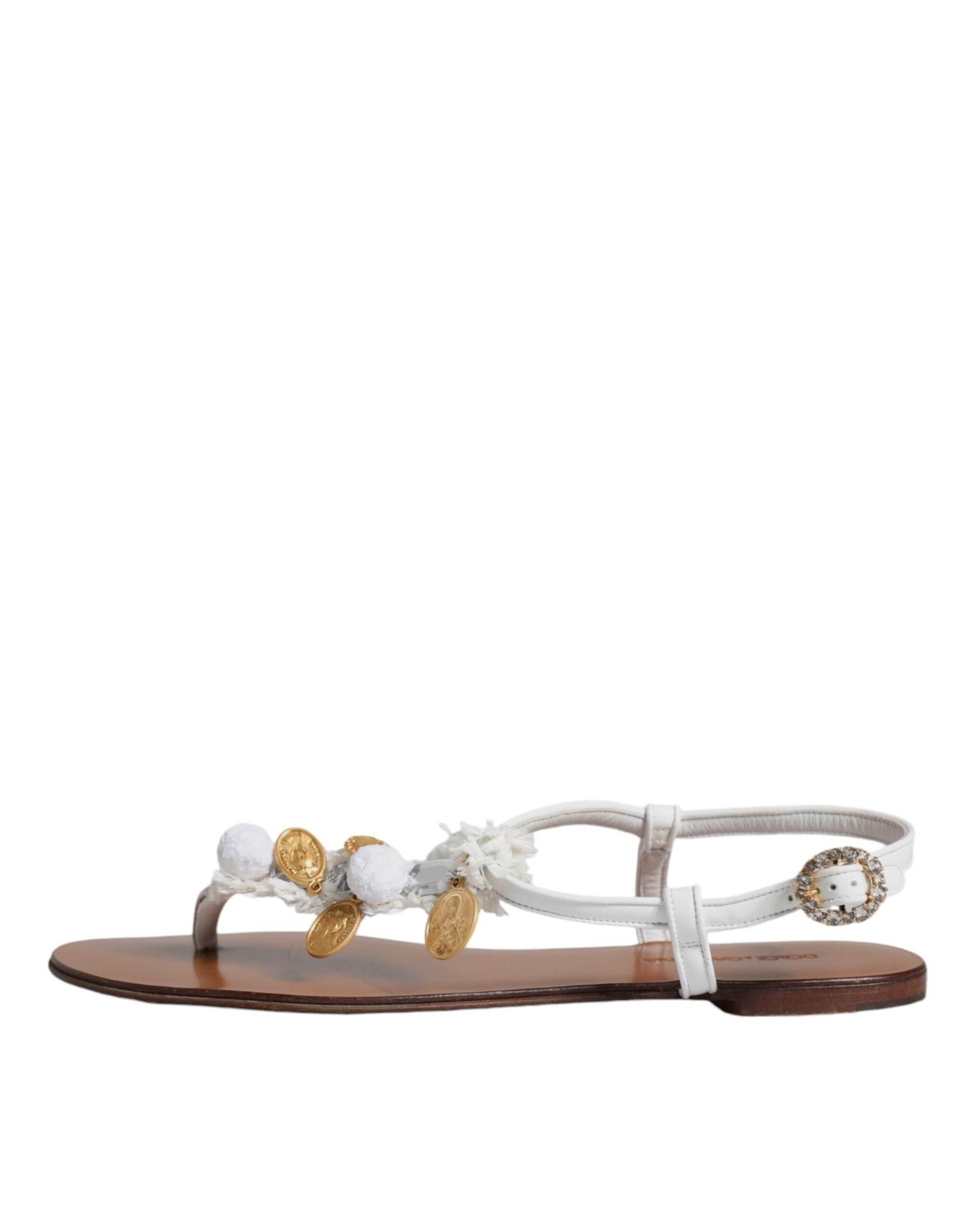 Dolce & Gabbana White Leather Coins Flip Flops Sandals Shoes - Hilstor