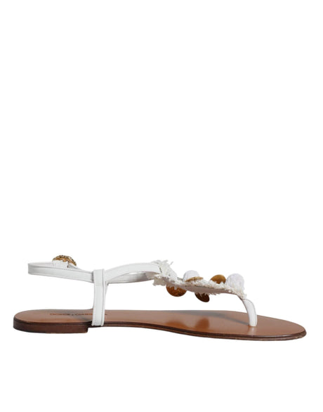 Dolce & Gabbana White Leather Coins Flip Flops Sandals Shoes - Hilstor