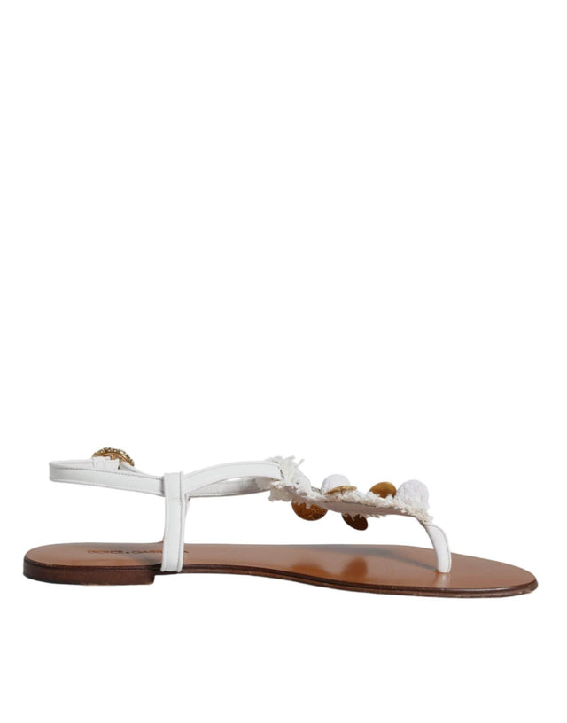 Dolce & Gabbana White Leather Coins Flip Flops Sandals Shoes - Hilstor