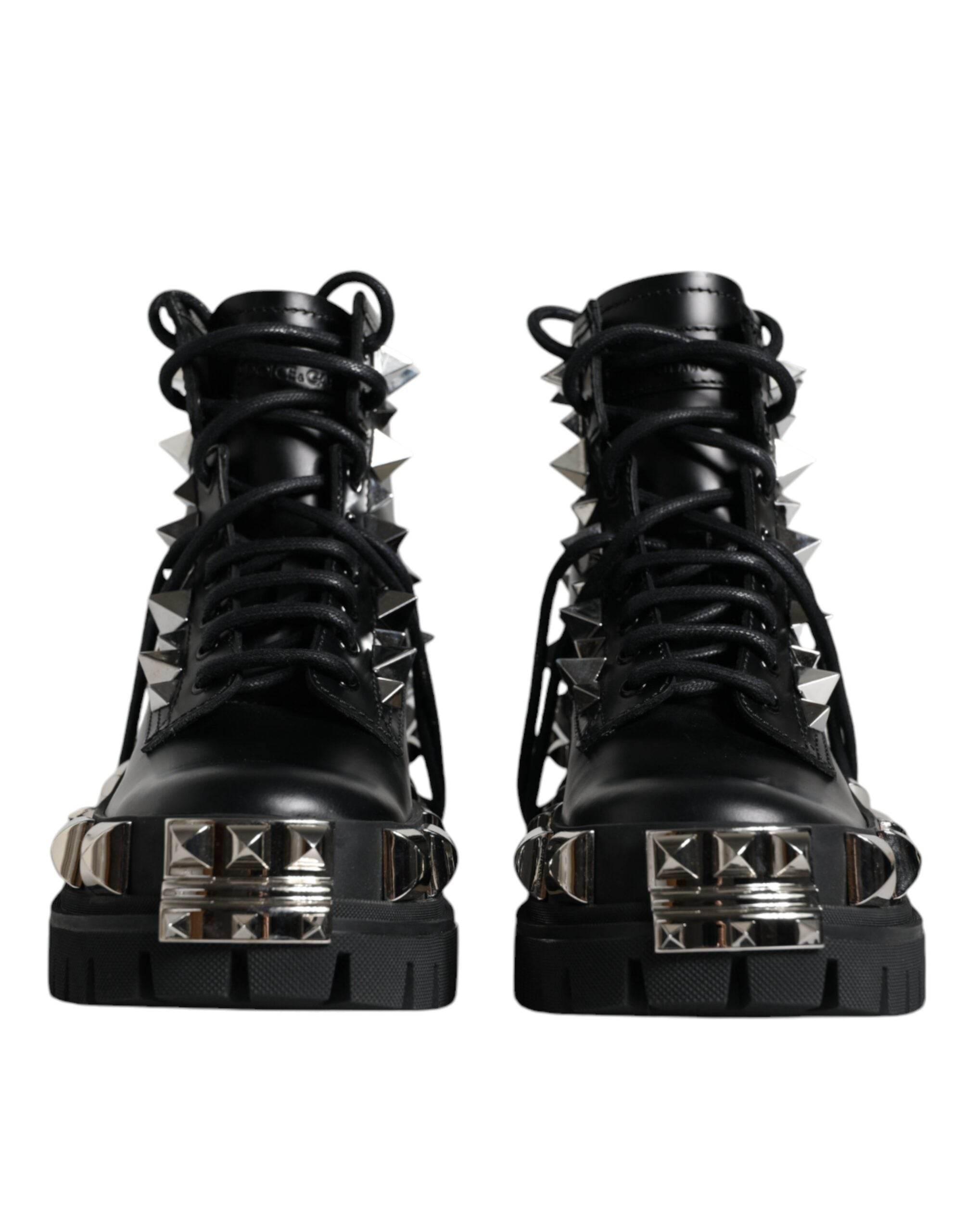 Dolce & Gabbana Black Leather Studded Trekking Boots Shoes - Hilstor