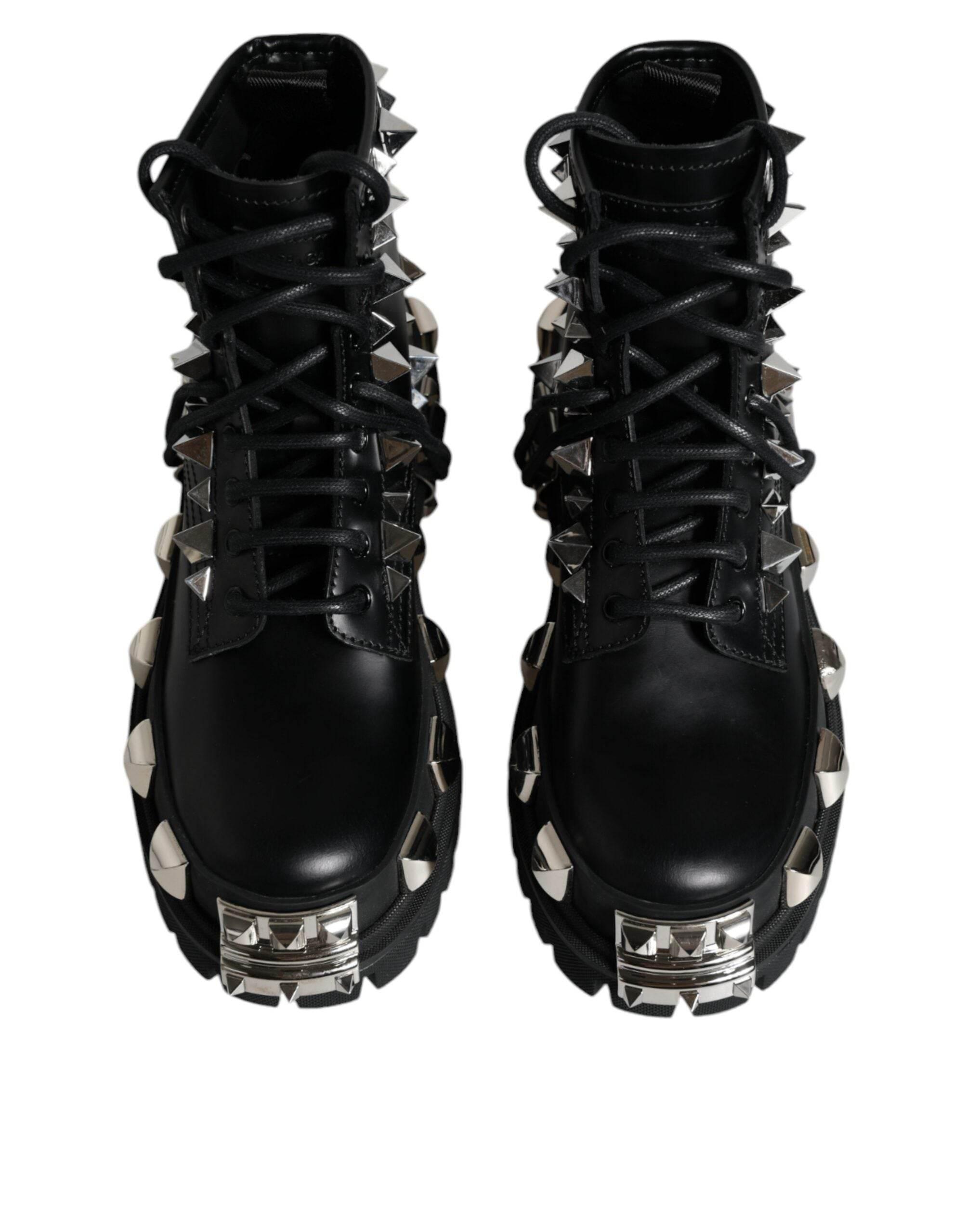 Dolce & Gabbana Black Leather Studded Trekking Boots Shoes - Hilstor