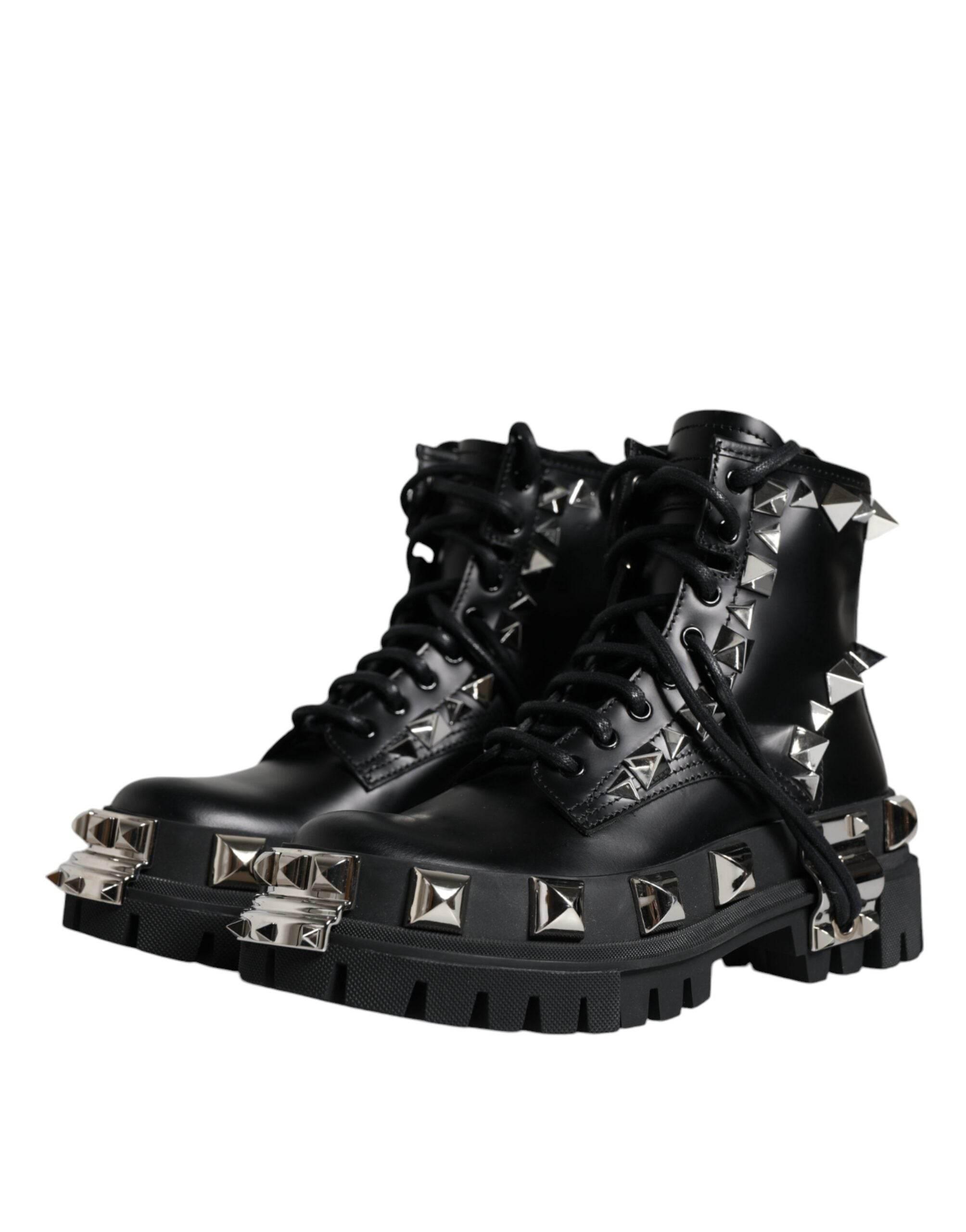 Dolce & Gabbana Black Leather Studded Trekking Boots Shoes - Hilstor