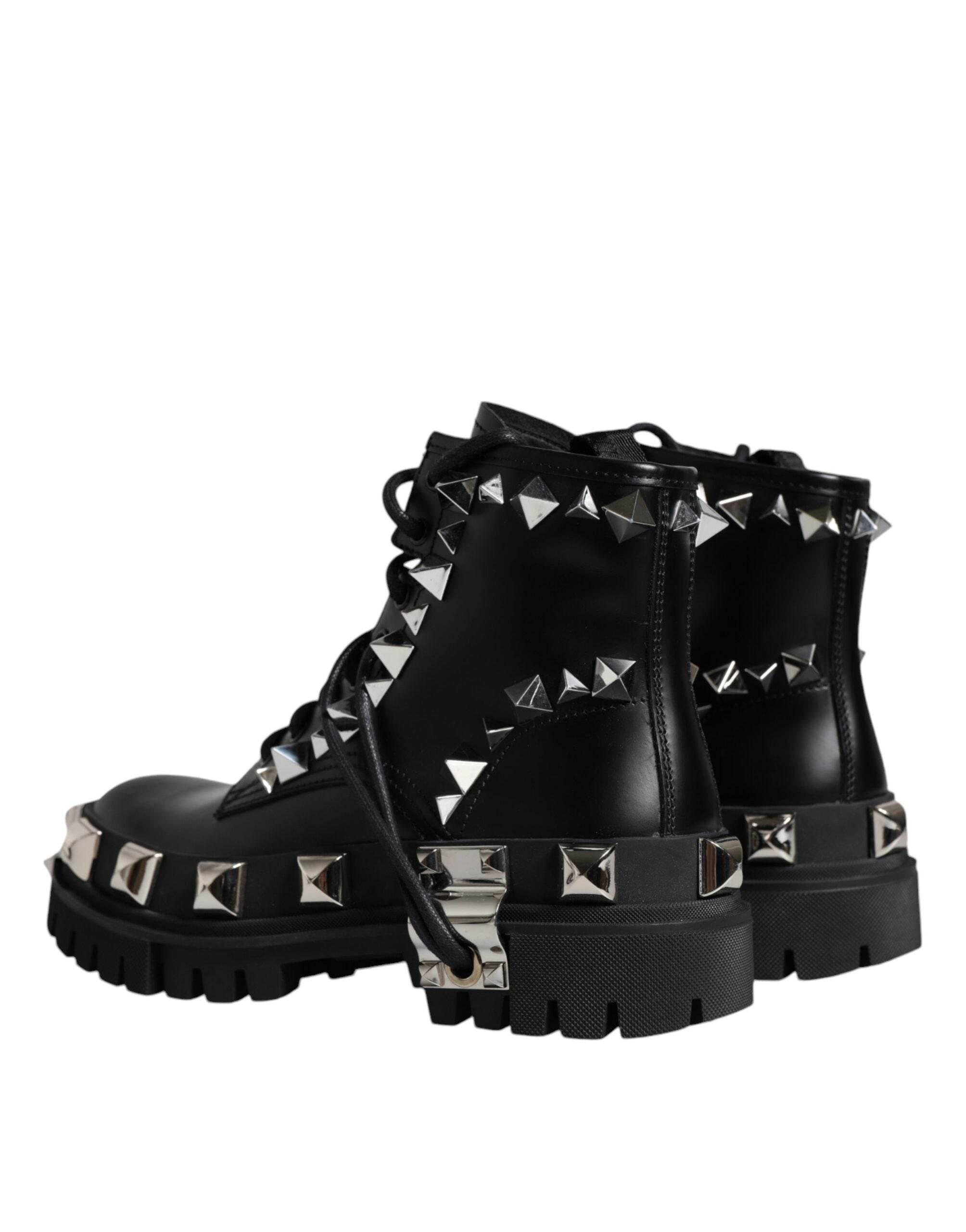 Dolce & Gabbana Black Leather Studded Trekking Boots Shoes - Hilstor