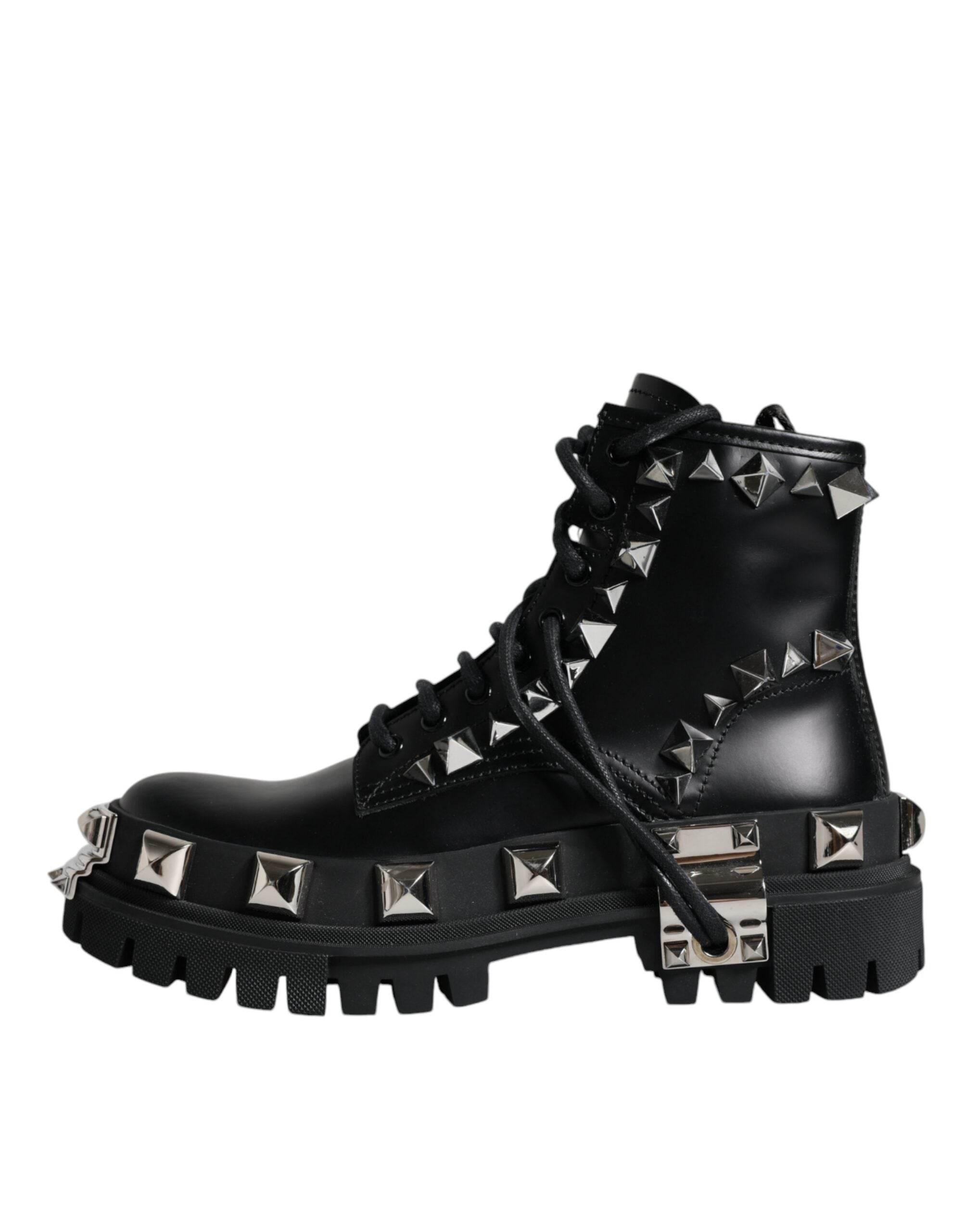 Dolce & Gabbana Black Leather Studded Trekking Boots Shoes - Hilstor