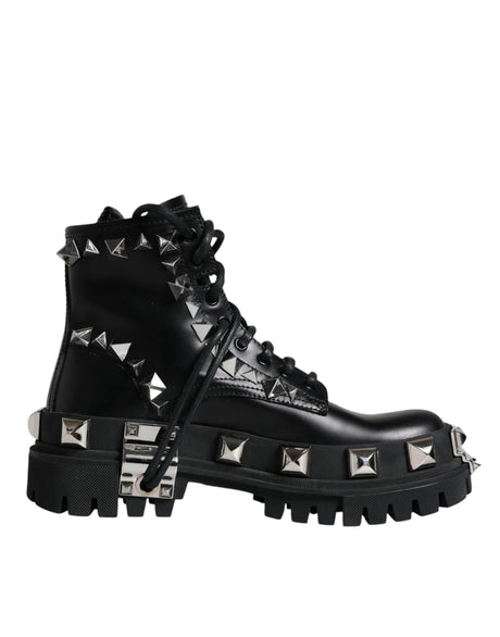 Dolce & Gabbana Black Leather Studded Trekking Boots Shoes - Hilstor