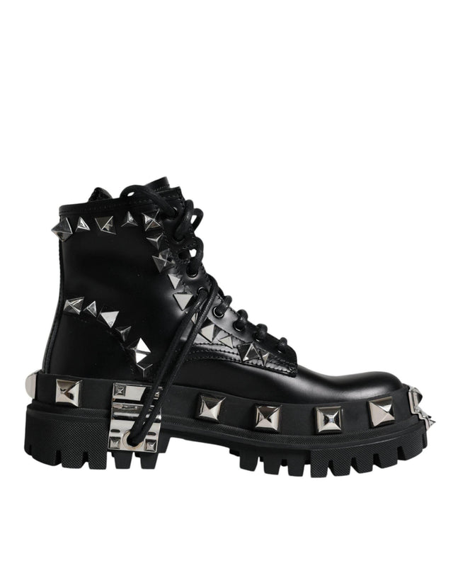 Dolce & Gabbana Black Leather Studded Trekking Boots Shoes - Hilstor