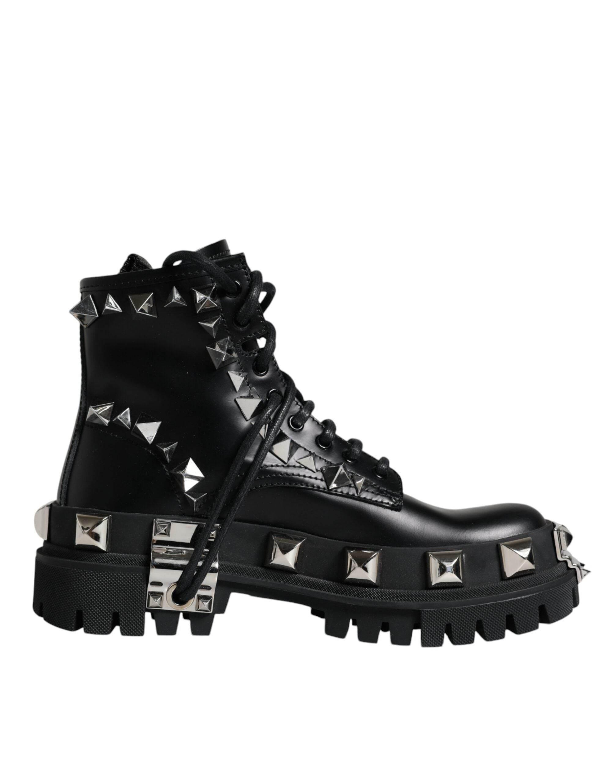 Dolce & Gabbana Black Leather Studded Trekking Boots Shoes - Hilstor