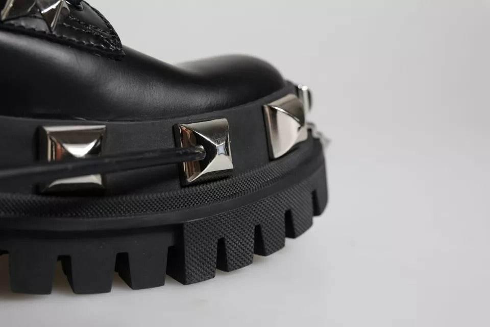 Dolce & Gabbana Black Leather Studded Trekking Boots Shoes - Hilstor