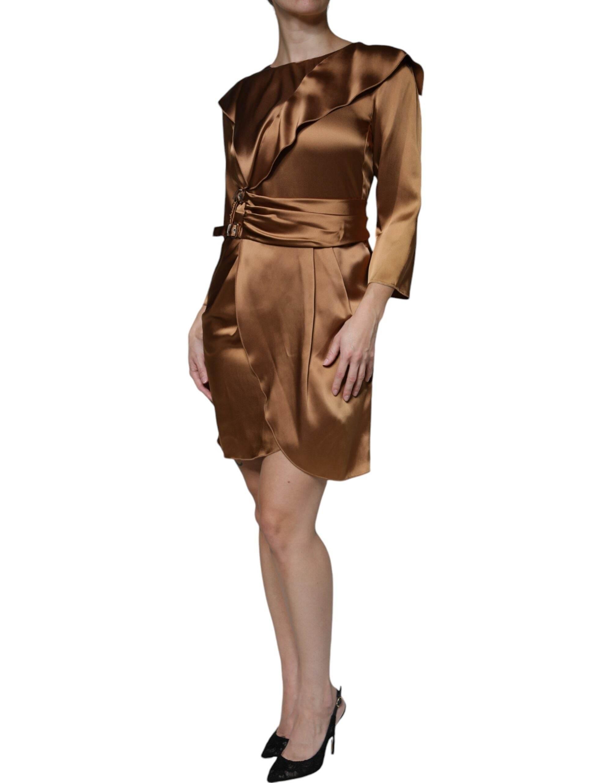 Emporio Armani Brown Satin Long Sleeves Wrap Sheath Mini Dress - Hilstor