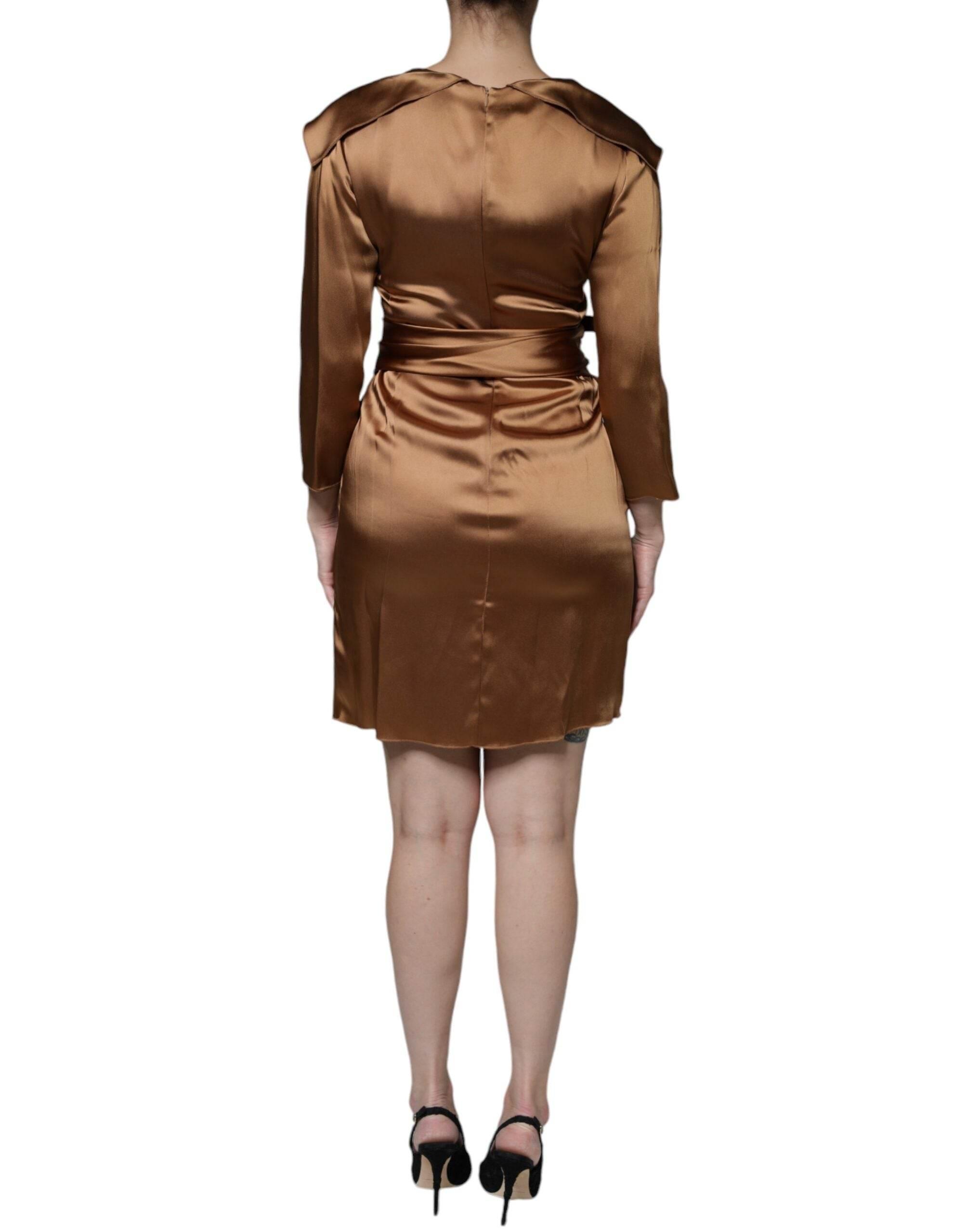 Emporio Armani Brown Satin Long Sleeves Wrap Sheath Mini Dress - Hilstor
