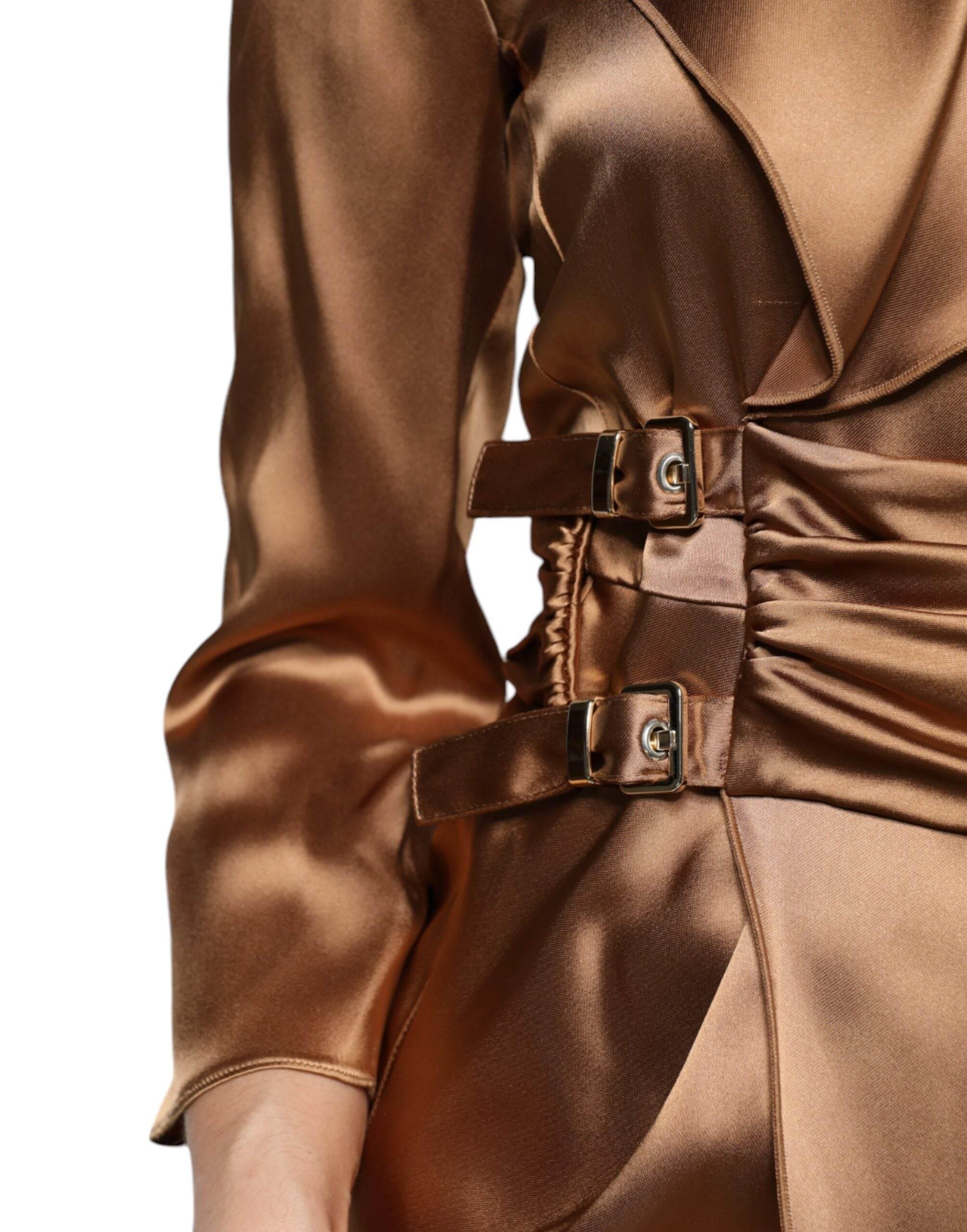Emporio Armani Brown Satin Long Sleeves Wrap Sheath Mini Dress - Hilstor