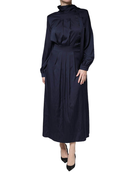 Ballantyne Dark Blue Long Sleeves Pleated A-line Maxi Dress - Hilstor