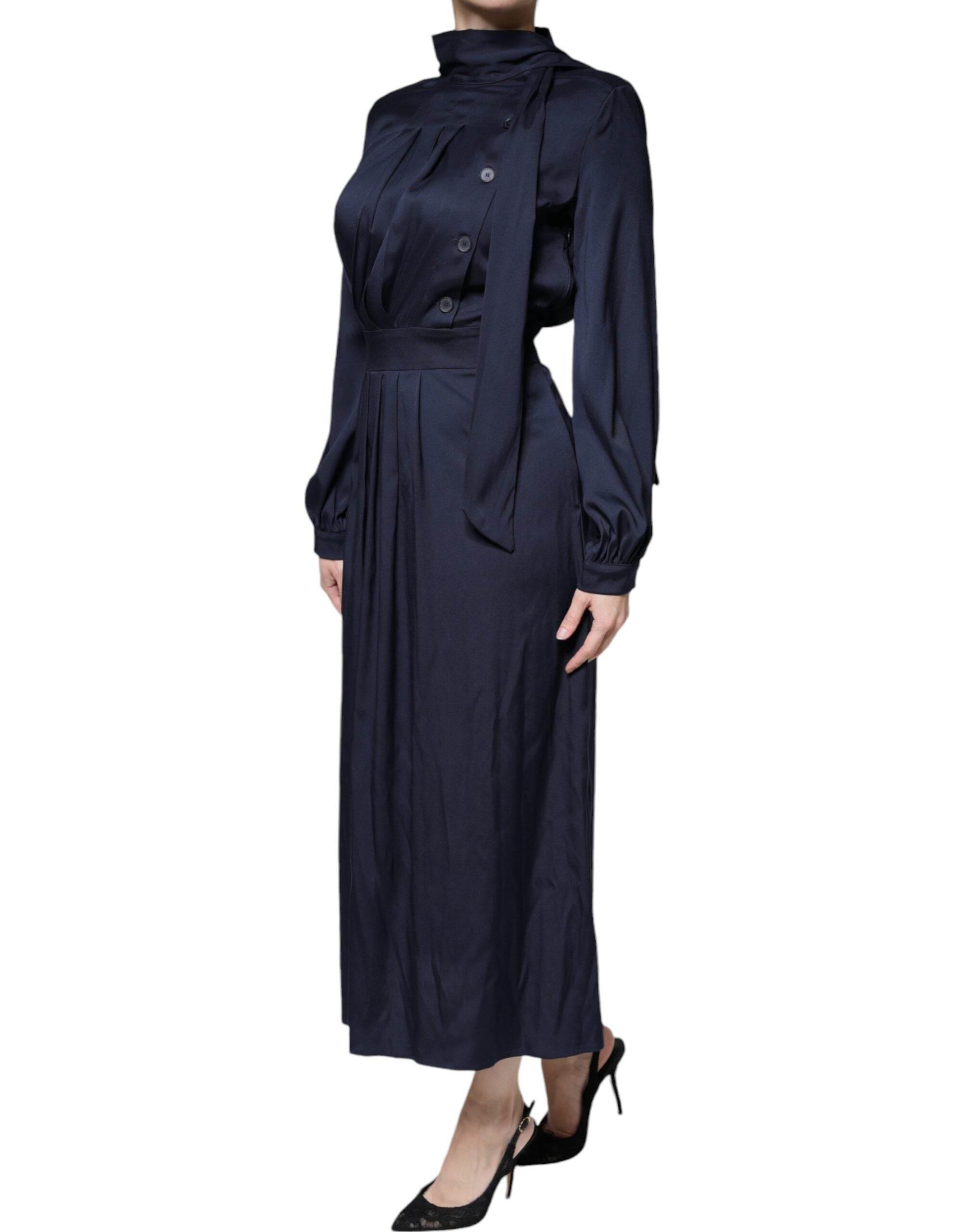 Ballantyne Dark Blue Long Sleeves Pleated A-line Maxi Dress - Hilstor