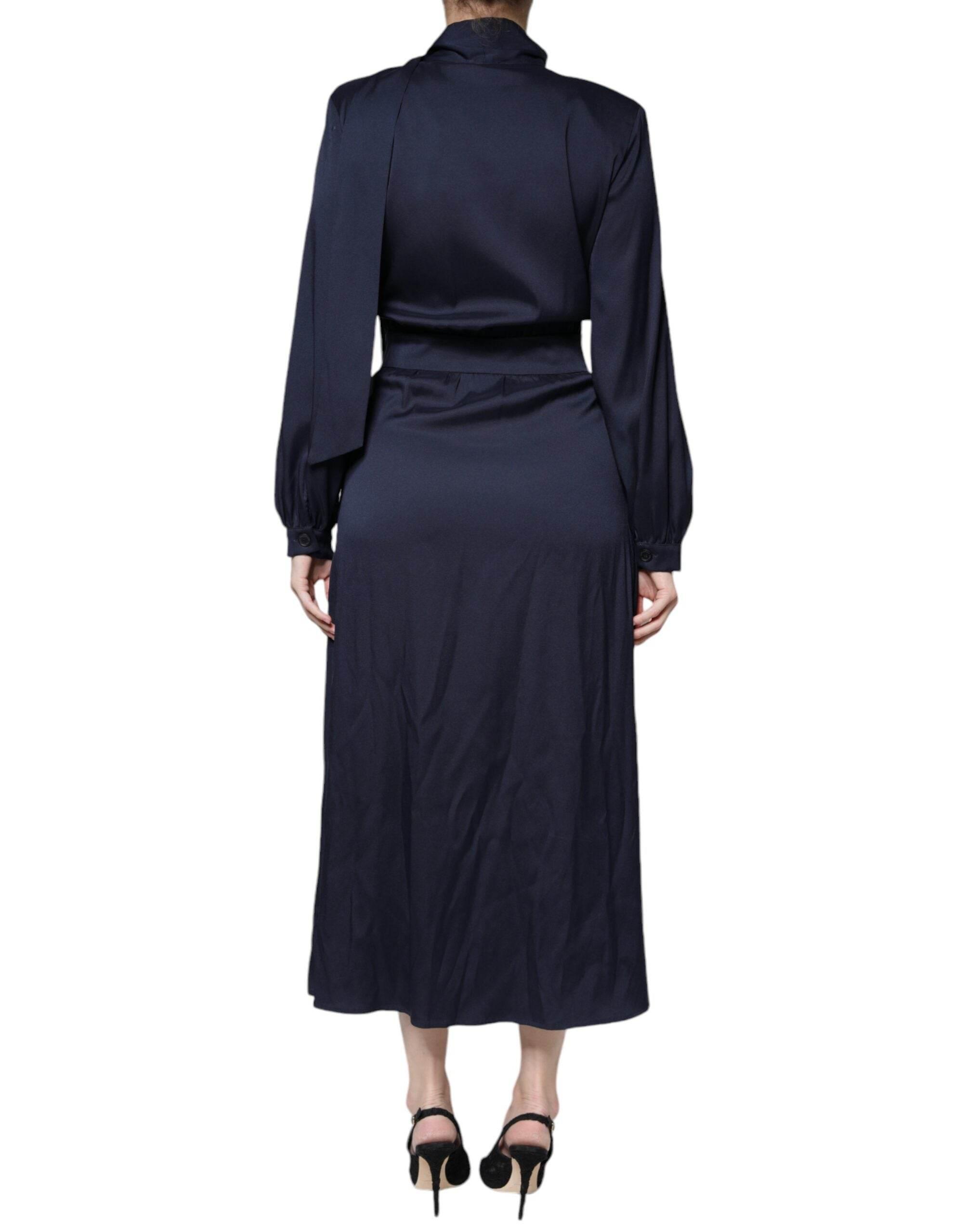 Ballantyne Dark Blue Long Sleeves Pleated A-line Maxi Dress - Hilstor