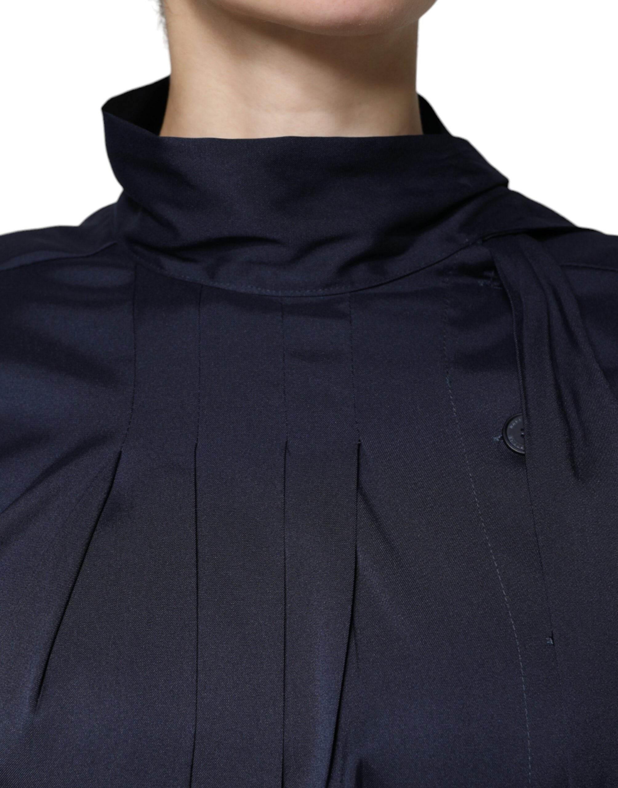 Ballantyne Dark Blue Long Sleeves Pleated A-line Maxi Dress - Hilstor