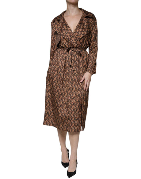 Ballantyne Brown Printed Long Sleeves V-neck Wrap Midi Dress - Hilstor
