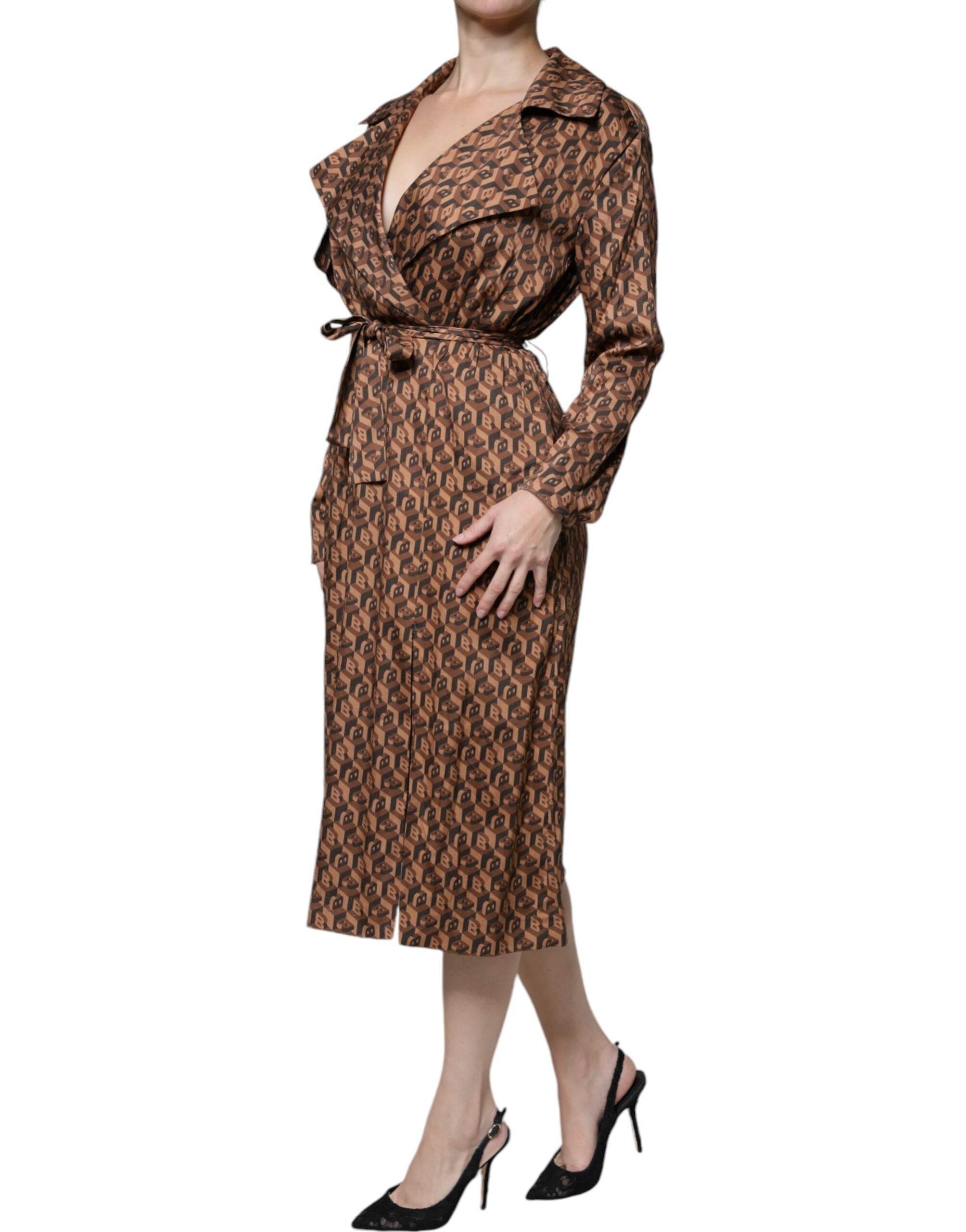 Ballantyne Brown Printed Long Sleeves V-neck Wrap Midi Dress - Hilstor