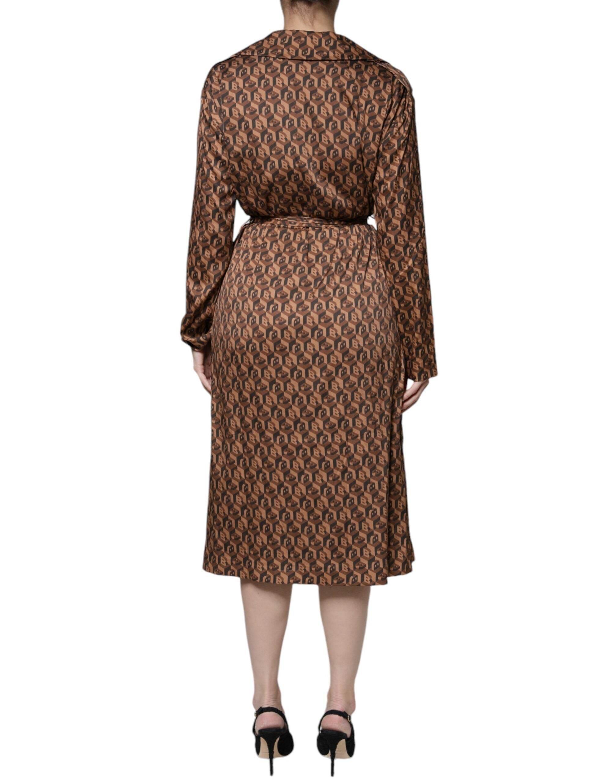Ballantyne Brown Printed Long Sleeves V-neck Wrap Midi Dress - Hilstor