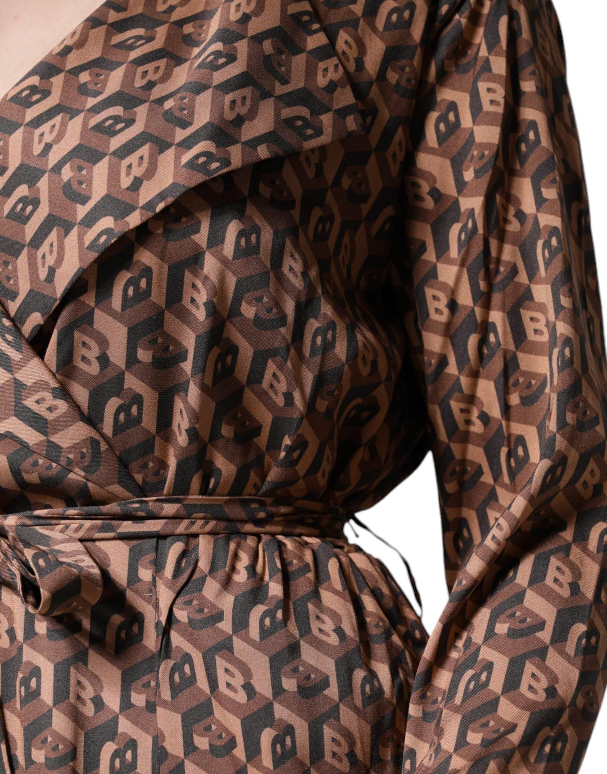 Ballantyne Brown Printed Long Sleeves V-neck Wrap Midi Dress - Hilstor