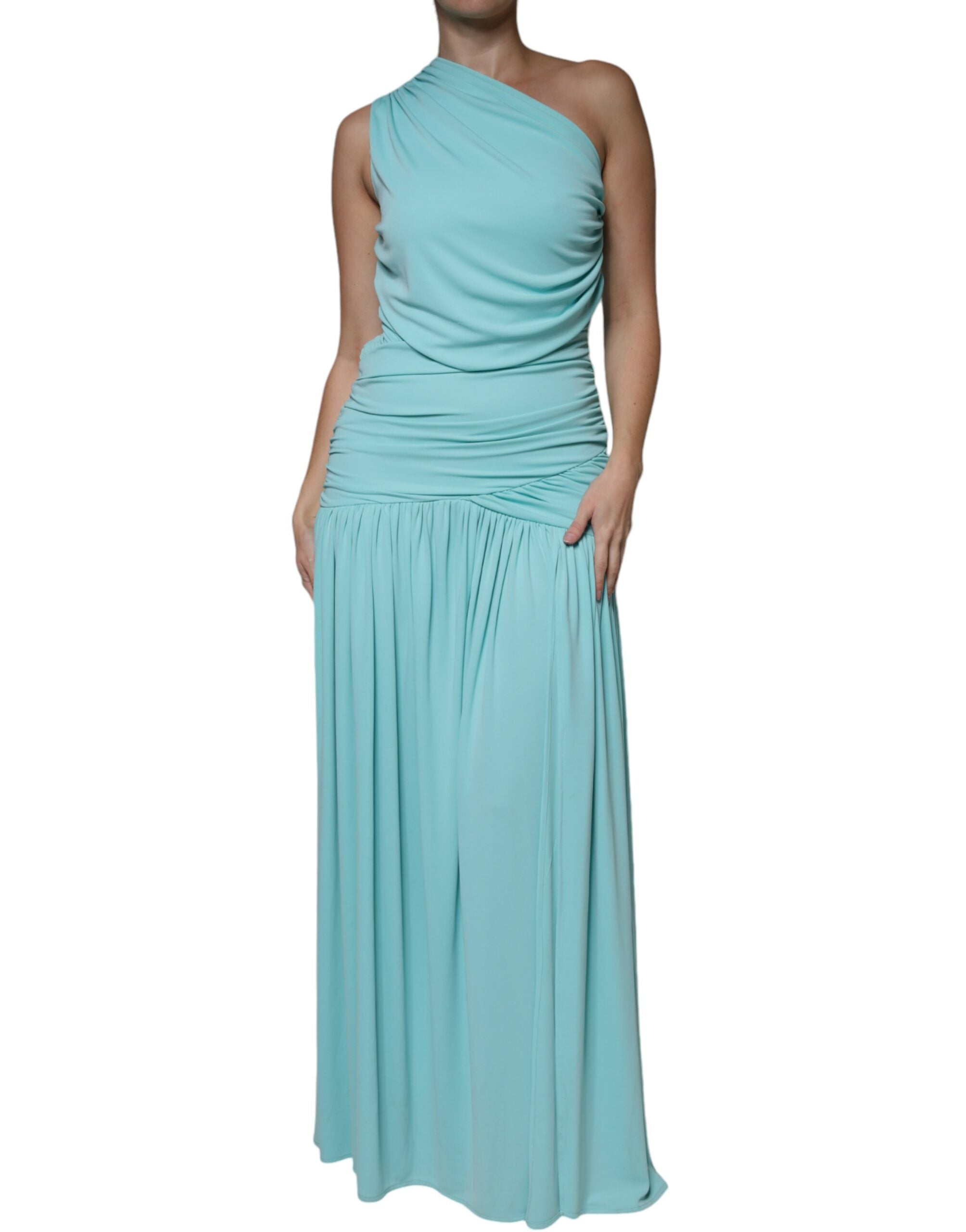 Christian Pellizzari Lyseblå Jersey Lang Drape One Shoulder Kjole