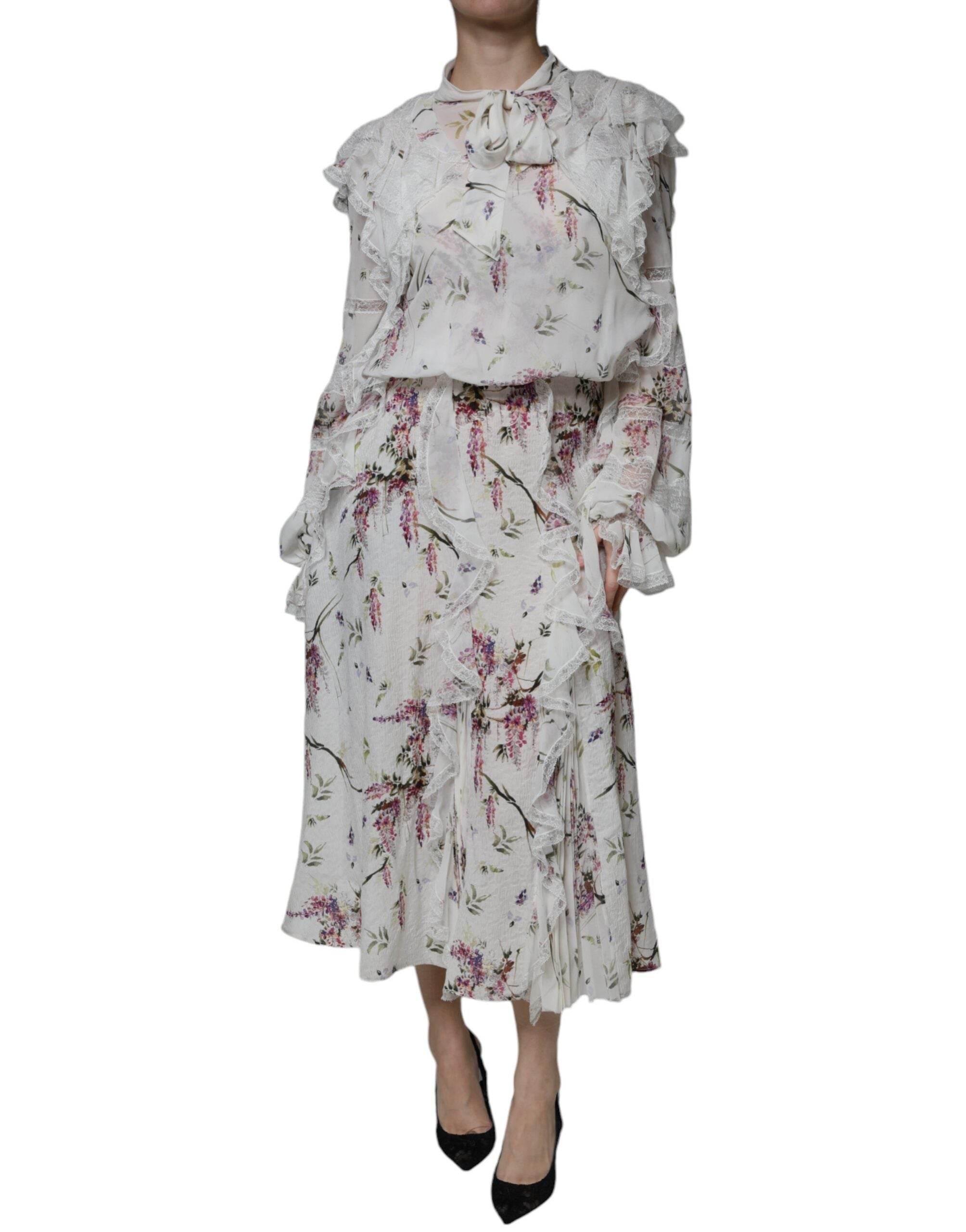 Ermanno Scervino White Floral Ruffles Lace Long Sleeves Maxi Dress - Hilstor