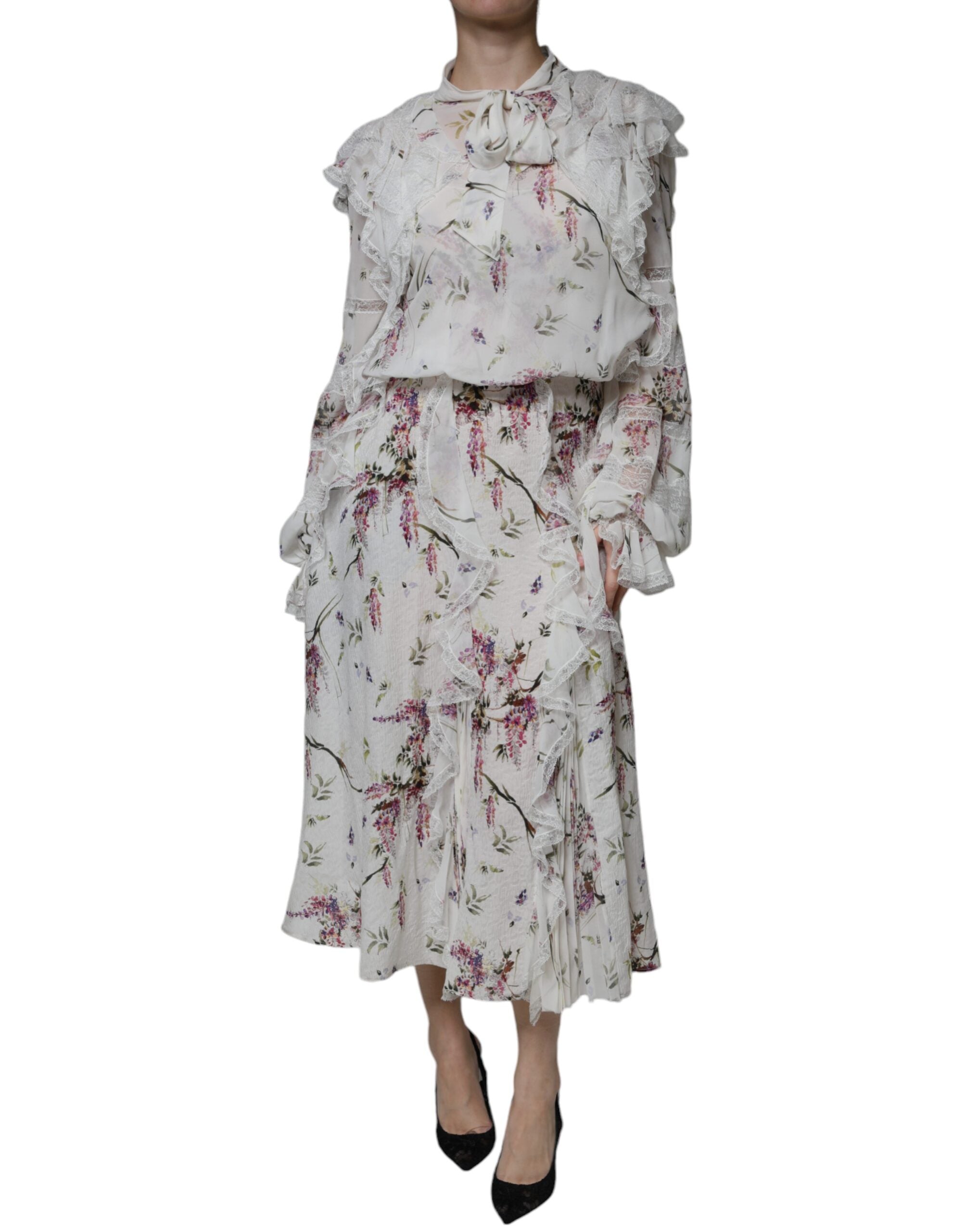 Ermanno Scervino Hvid blomsterflæser Blonde Langærmet Maxikjole