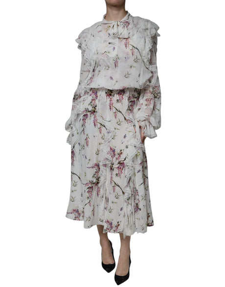 Ermanno Scervino White Floral Ruffles Lace Long Sleeves Maxi Dress - Hilstor
