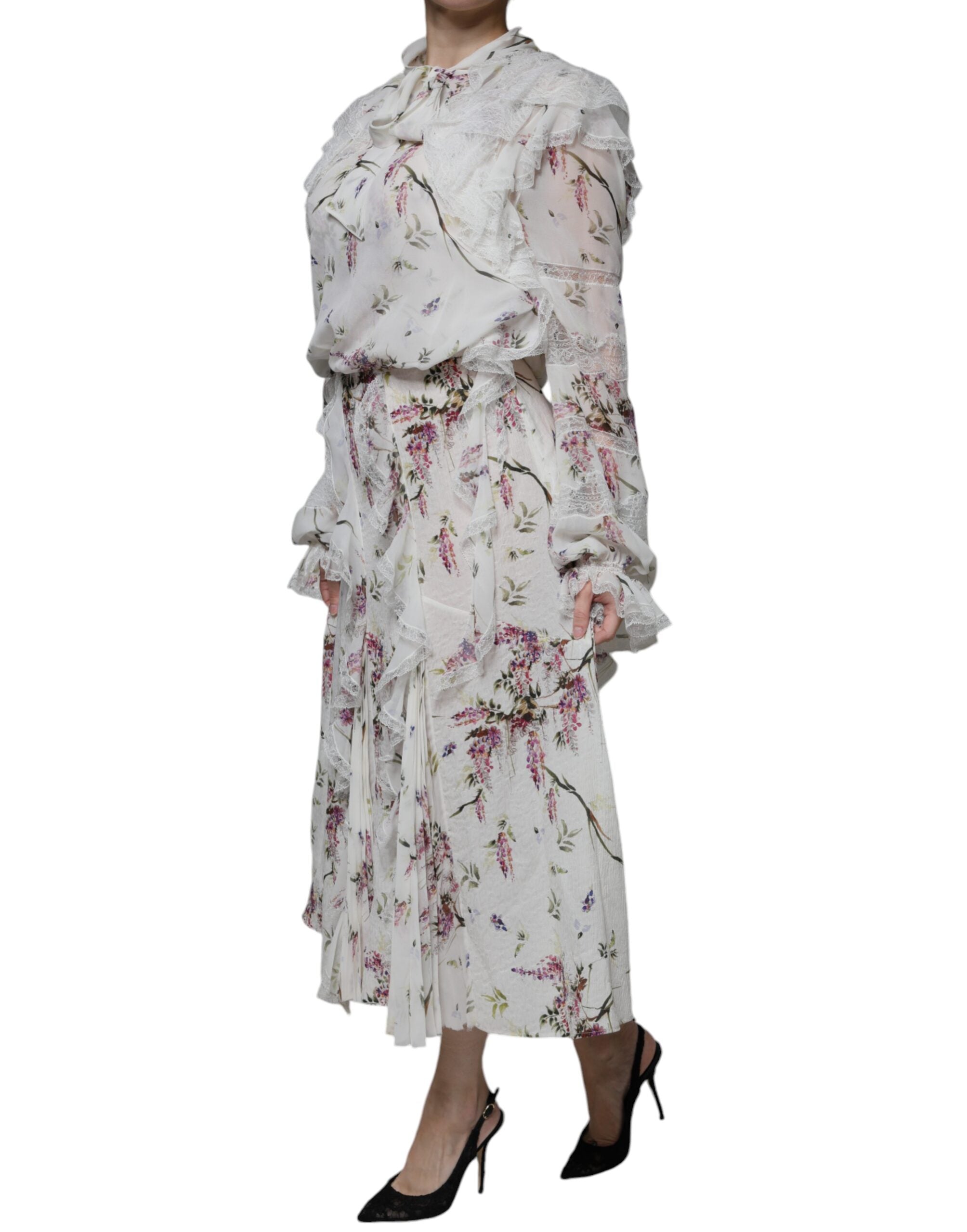 Ermanno Scervino Hvid blomsterflæser Blonde Langærmet Maxikjole