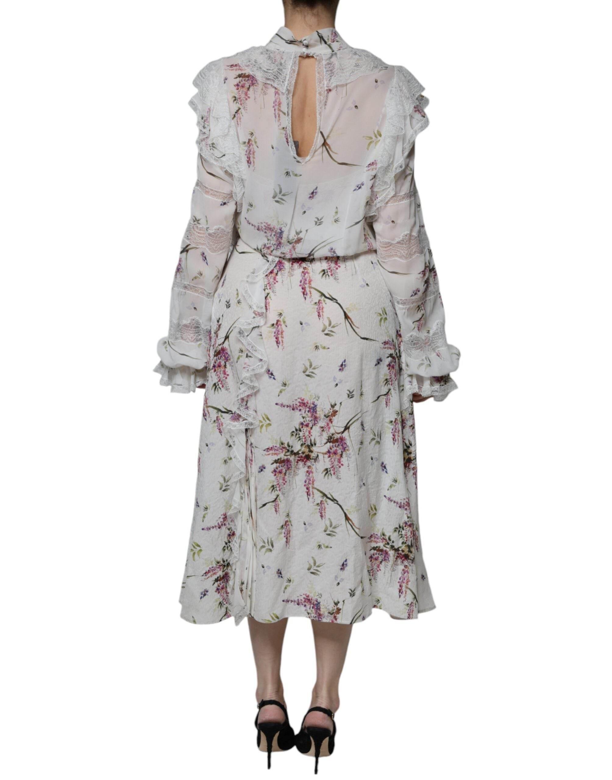 Ermanno Scervino White Floral Ruffles Lace Long Sleeves Maxi Dress - Hilstor