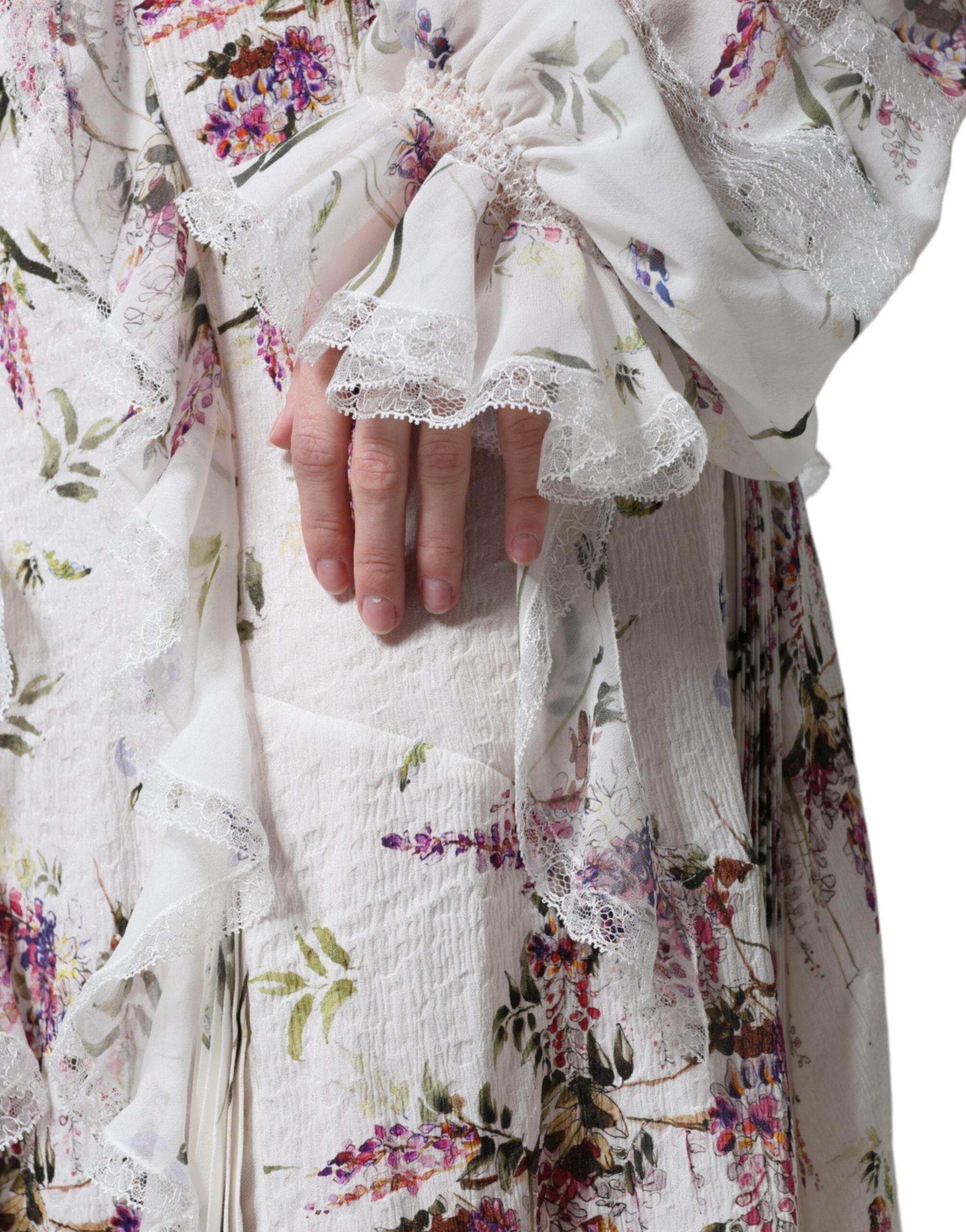 Ermanno Scervino White Floral Ruffles Lace Long Sleeves Maxi Dress - Hilstor
