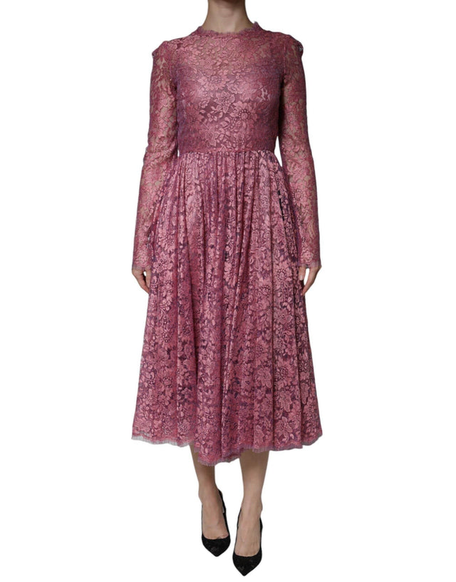 Dolce & Gabbana Fuchsia Floral Lace Long Sleeve Maxi Dress - Hilstor