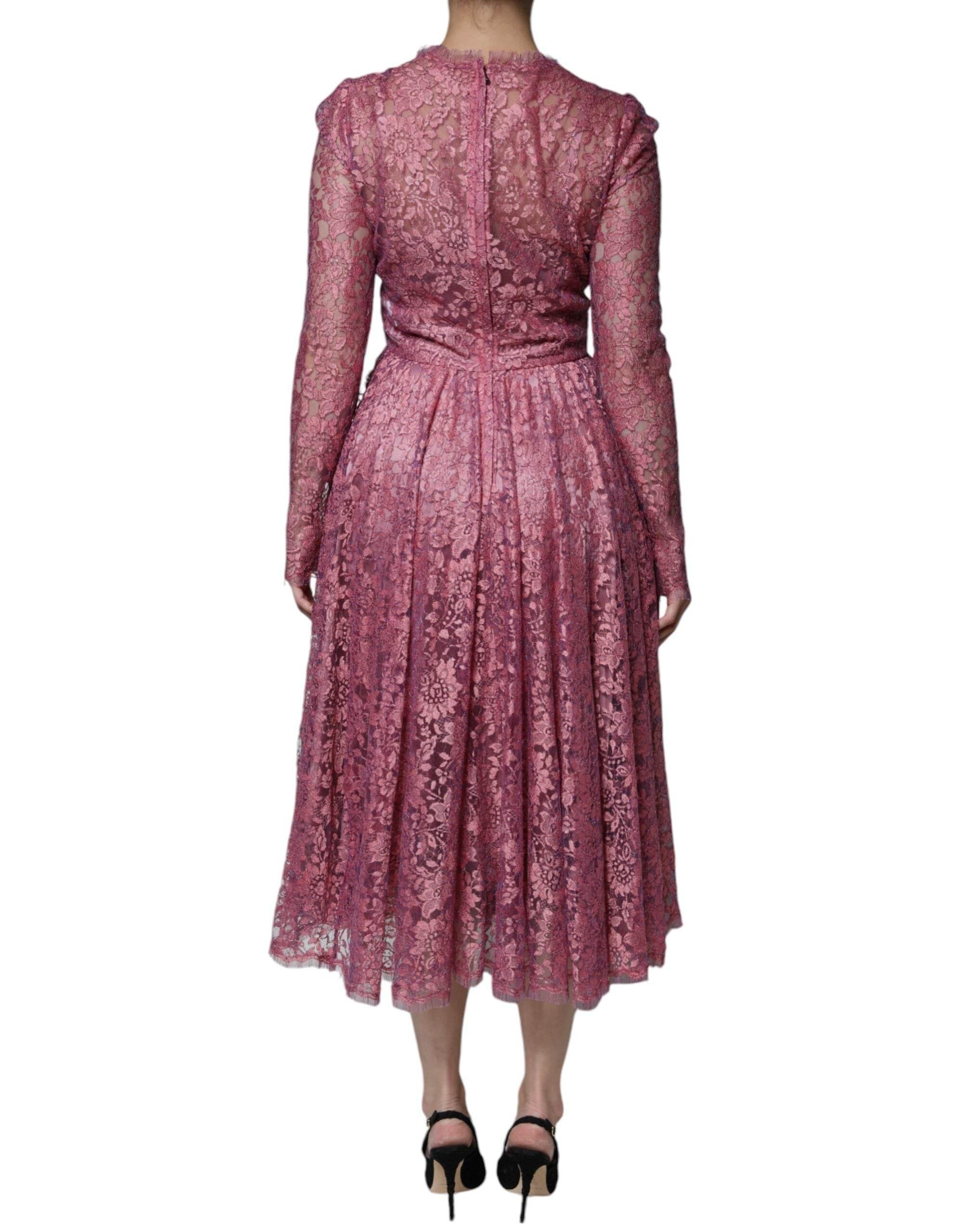 Dolce & Gabbana Fuchsia Floral Lace Long Sleeve Maxi Dress - Hilstor