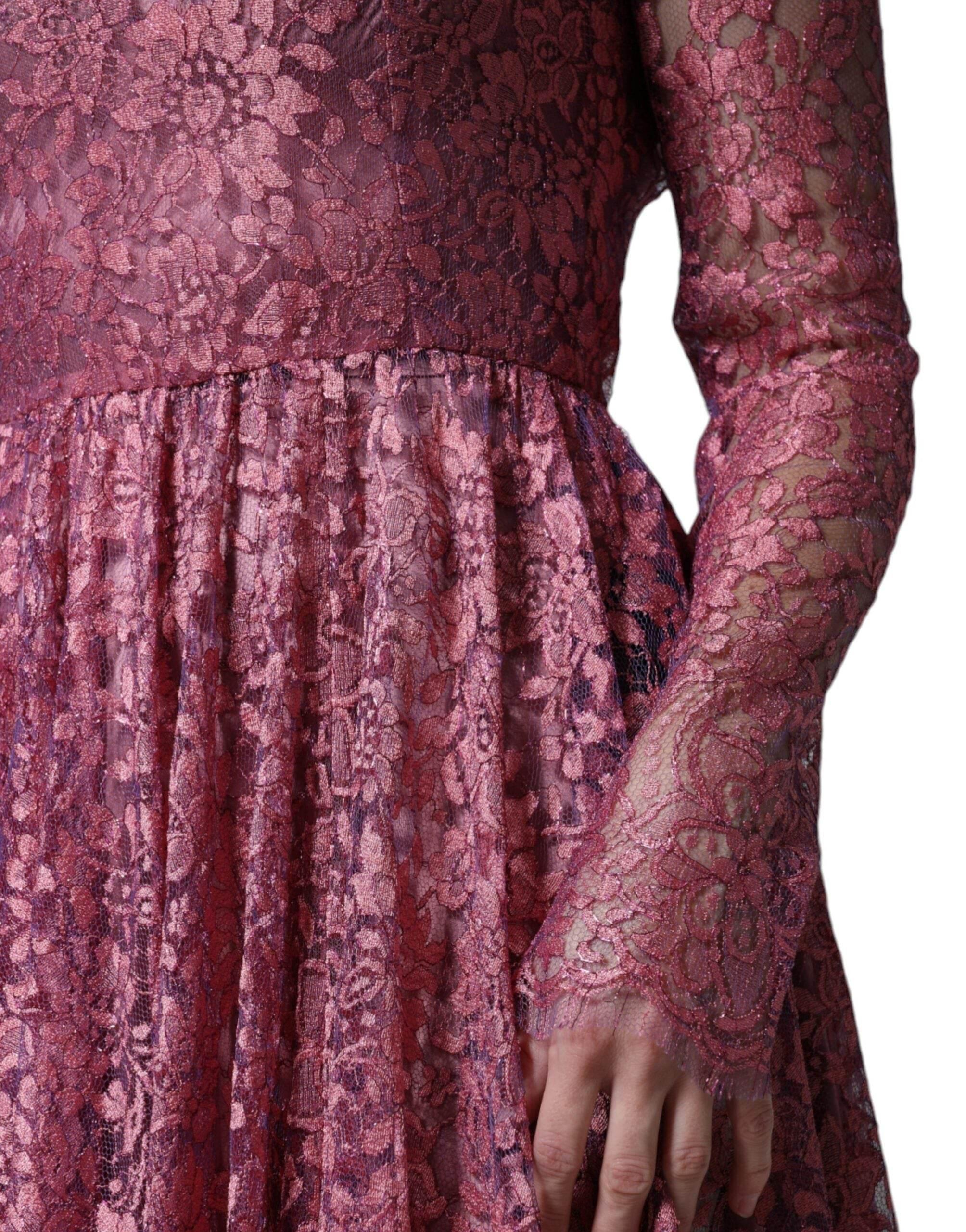 Dolce & Gabbana Fuchsia Floral Lace Long Sleeve Maxi Dress - Hilstor