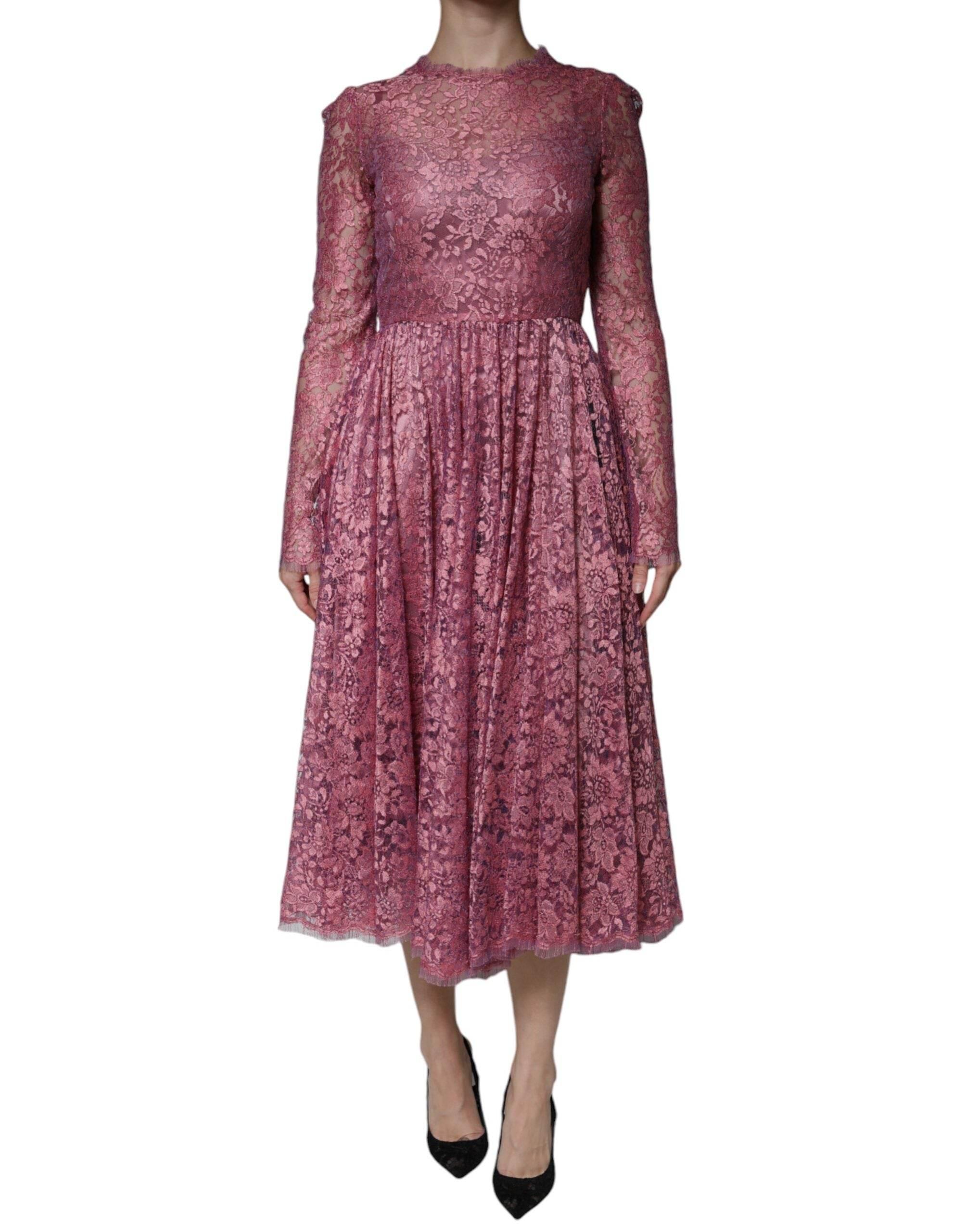 Dolce & Gabbana Fuchsia Floral Lace Long Sleeve Maxi Dress - Hilstor