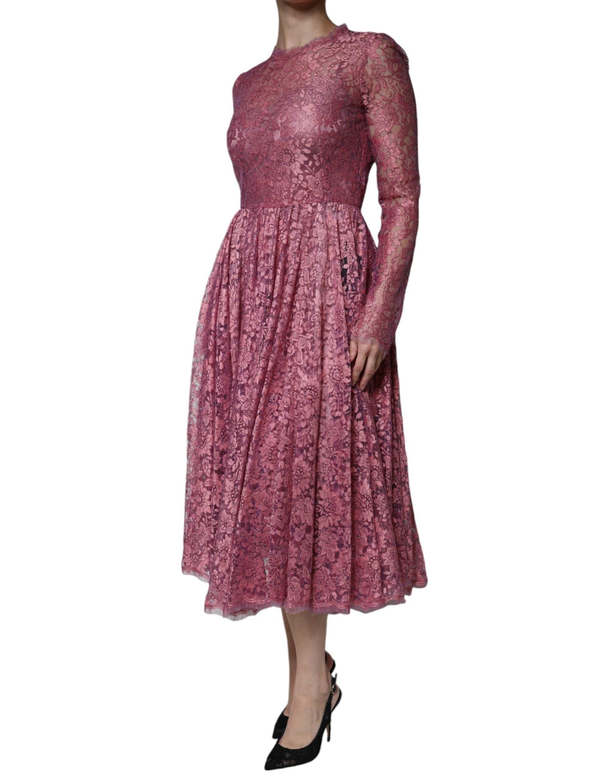 Dolce & Gabbana Fuchsia Floral Lace Long Sleeve Maxi Dress - Hilstor