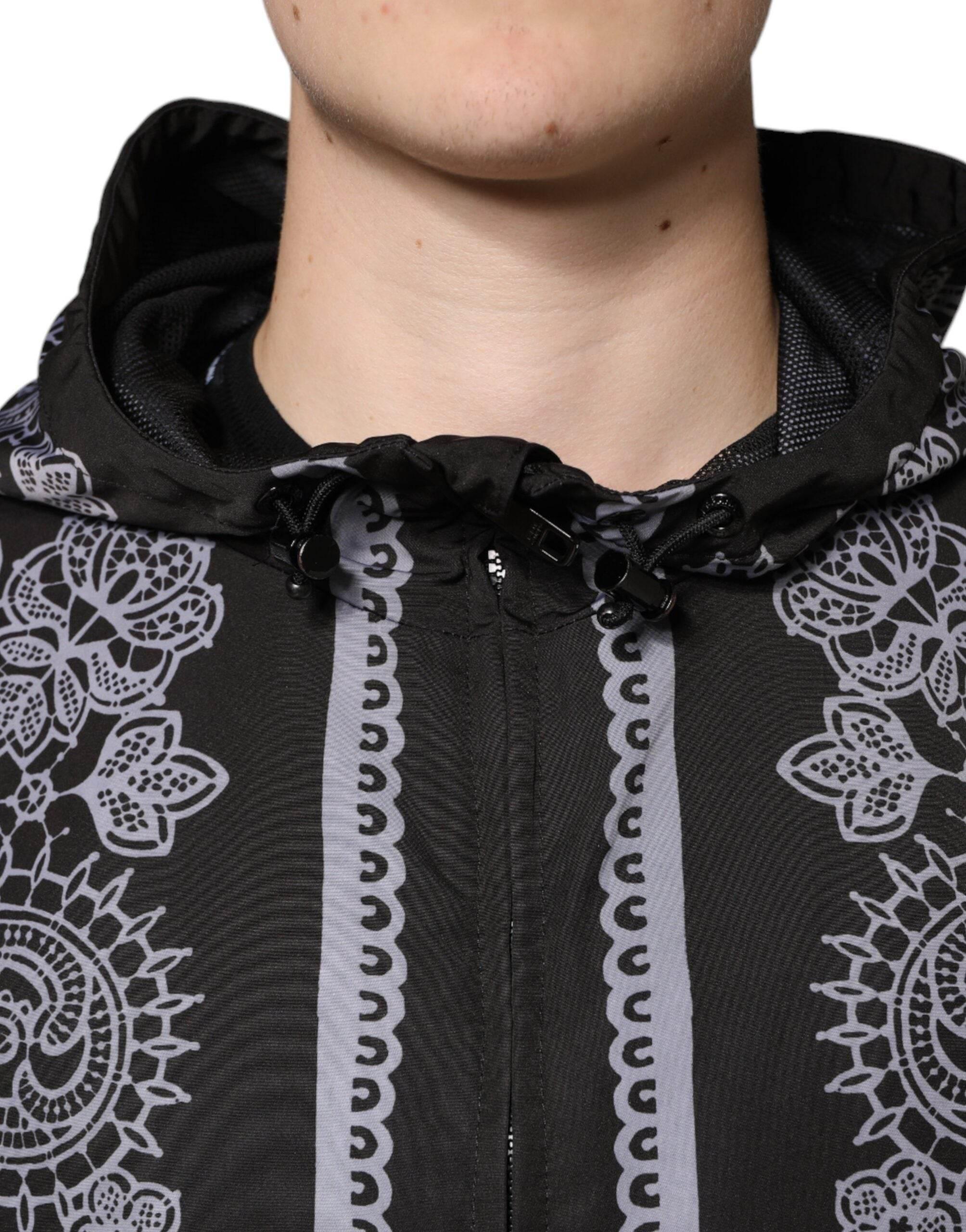 Dolce & Gabbana Black Bandana Hooded Full Zip Bomber Jacket - Hilstor