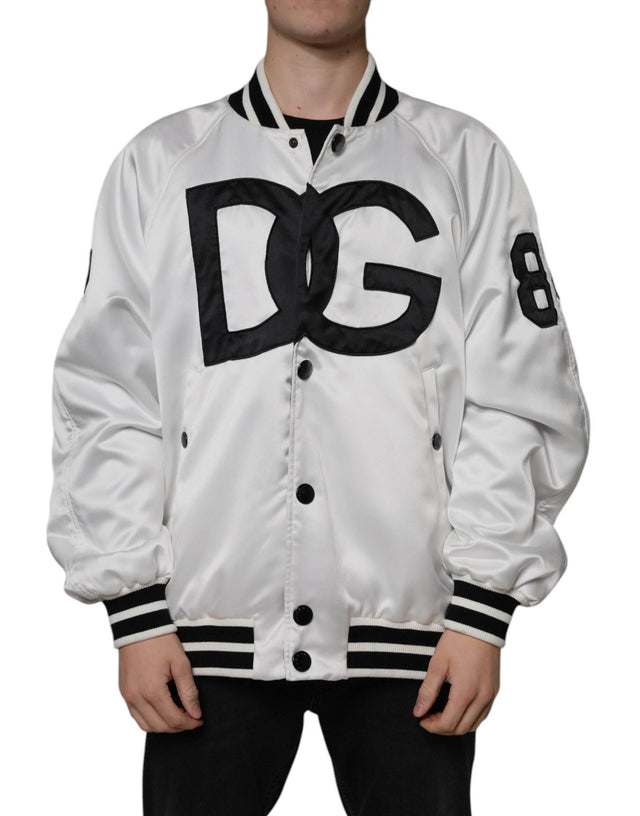 Dolce & Gabbana White Polyester Logo Full Zip Bomber Jacket - Hilstor